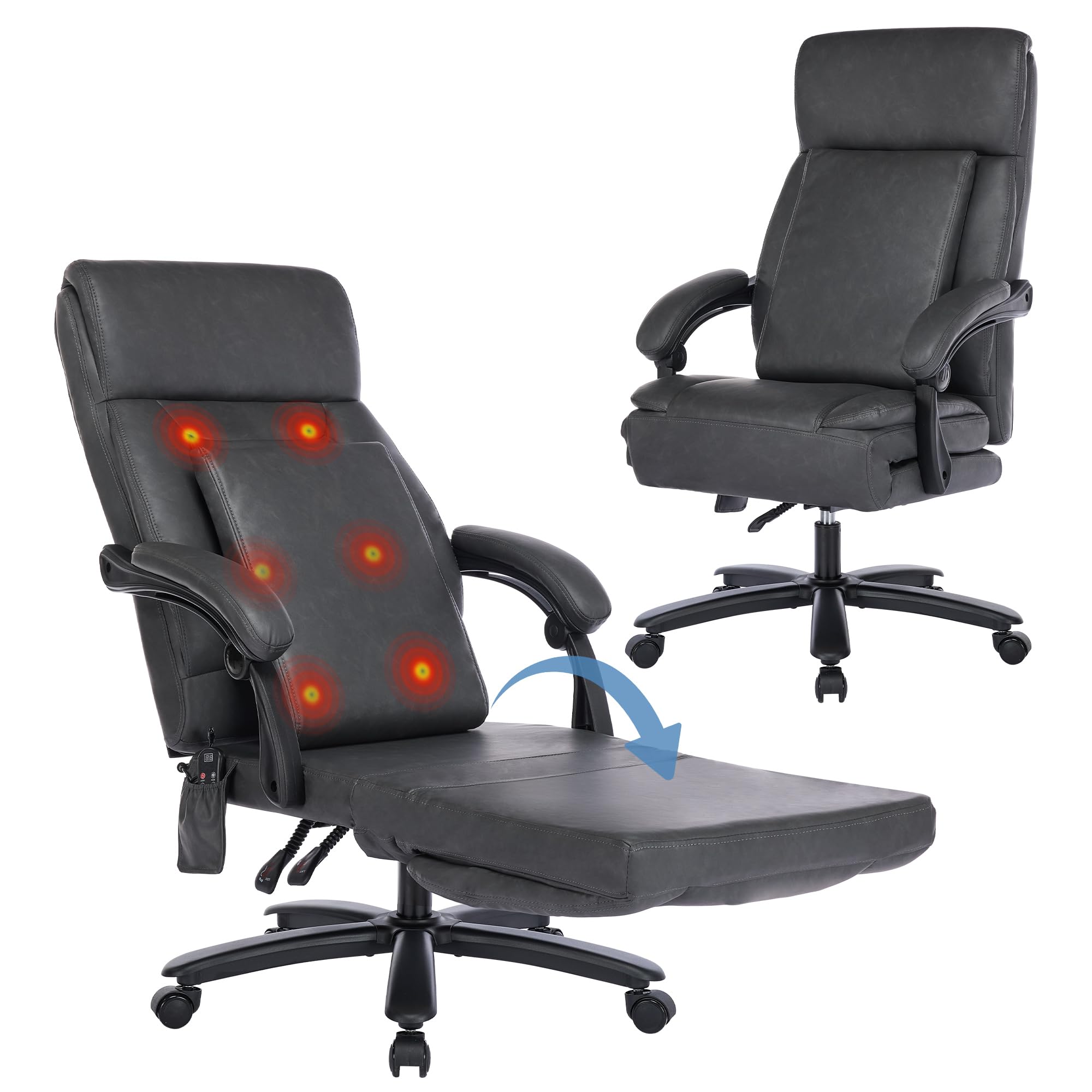 Bürostuhl mit Massage, Ergonomischer Kunstleder Chefsessel mit 135° Liegefunktion, Höhenverstellbar Drehstuhl mit Klappbarer Sitzfläche, Gepolstertem Lendenkissen Schreibtischstuhl (Schwarz)