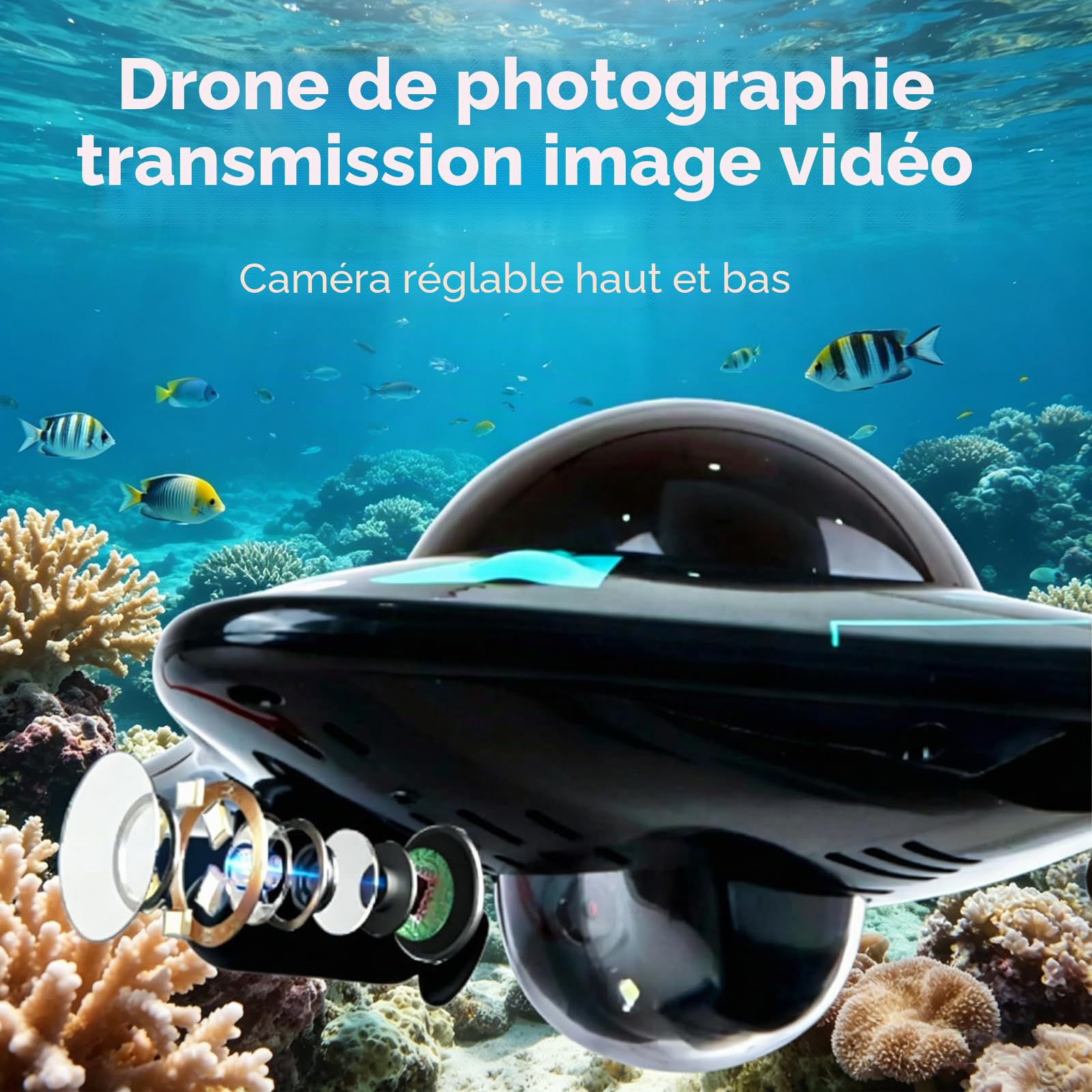Drone Sous-marin App Control,Drone Sous-marin Radiocommandé avec 10M Caméra hd et lumières LED,Angle de Caméra Réglable,pour l'exploration Sous-marine et les Jouets pour Adultes (noir)