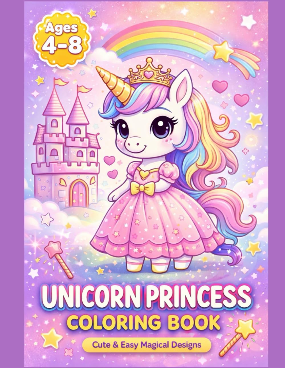 Unicorn Princess Coloring Book for Girls Ages 4-8: 55 Cute & Easy Magical Designs – Fun Unicorns, Princesses, Castles & Rainbows |Unicorn coloring book |