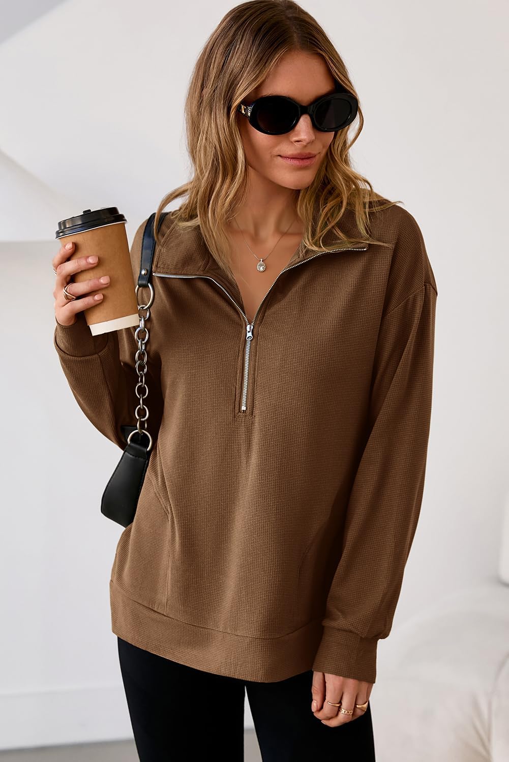 Dokotoo Womens Sweatshirt Waffle Knit Long Sleeve Lapel Half Zip Up Casual Lightweight Soft Sweatshirts Loose Pullover Tops - Image 2