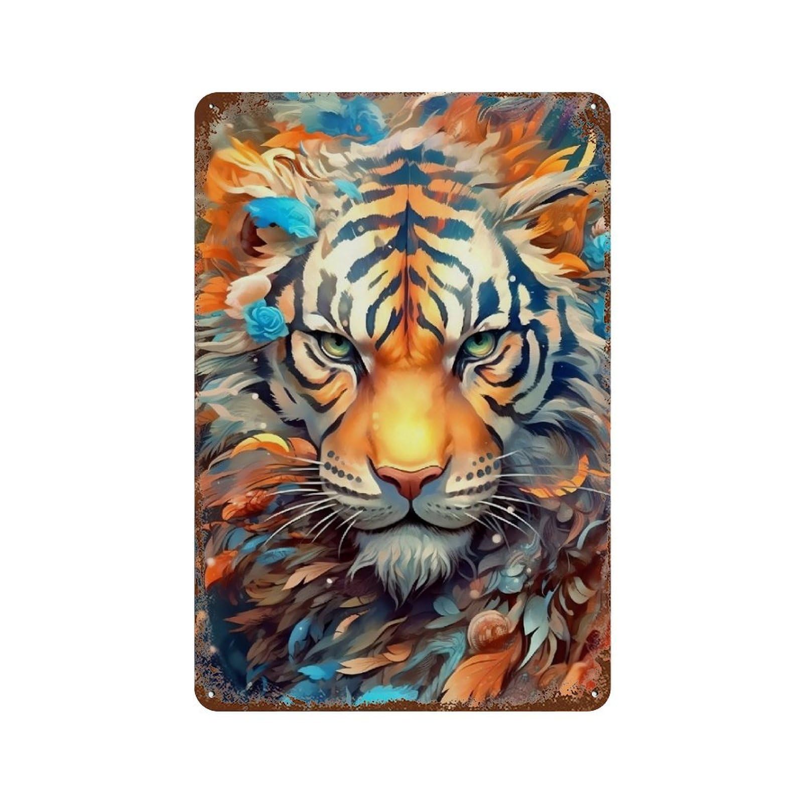 Rust Effect Colorful Tiger Artwork -1 Rusty Metal Tin Sign 11.8"x7.9", Industrial Home Decor for Living Room, Hallway And Home Decor