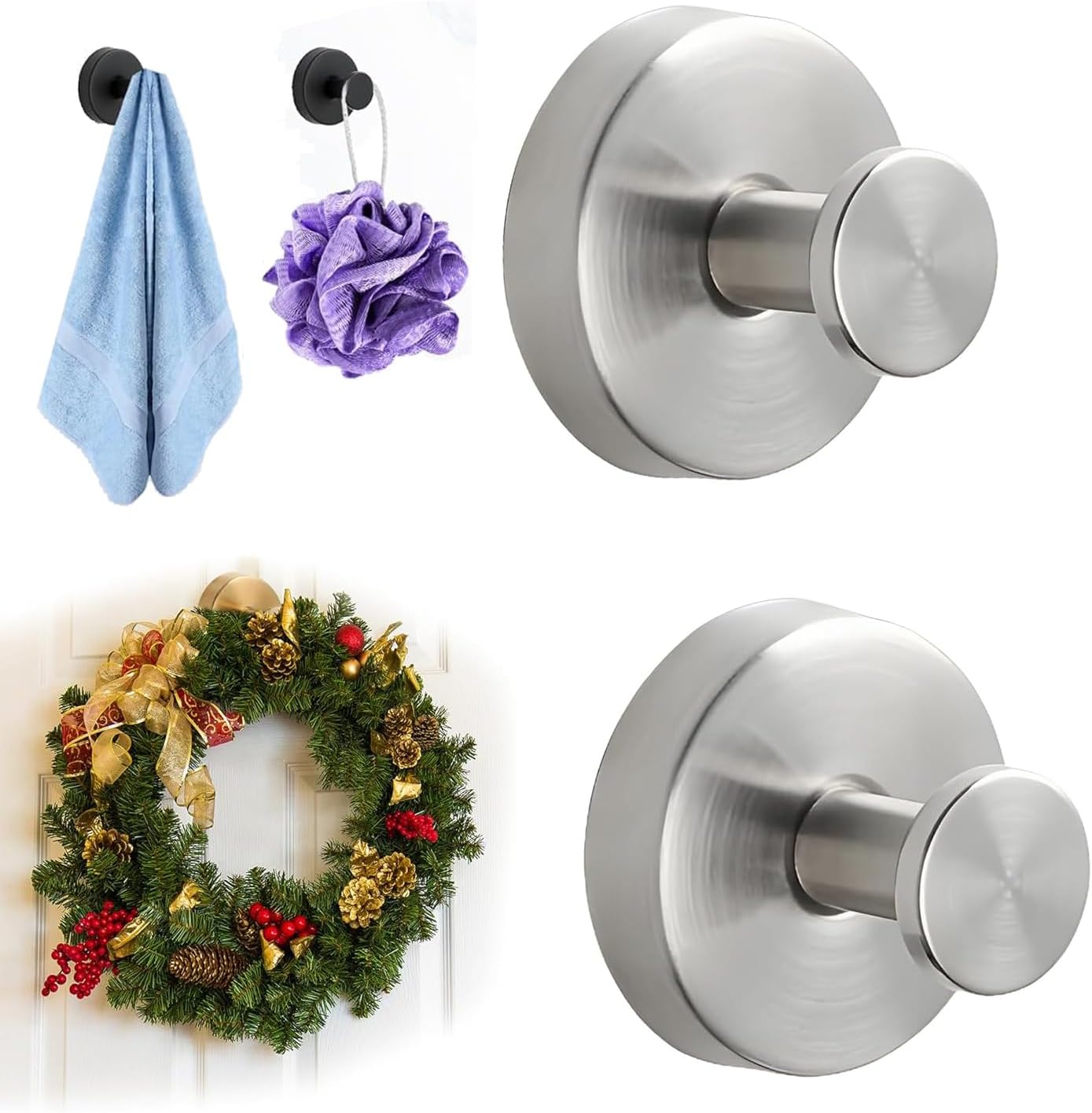 2026 Upgrade Suction Cup Hooks for Wreaths on Glass, Stainless Steel Waterproof No-Drill Suction Cup Hooks, Household Wreath Hanger Holder for Glass Window Door Bathroom Mirrors (Silver, 2PCS)