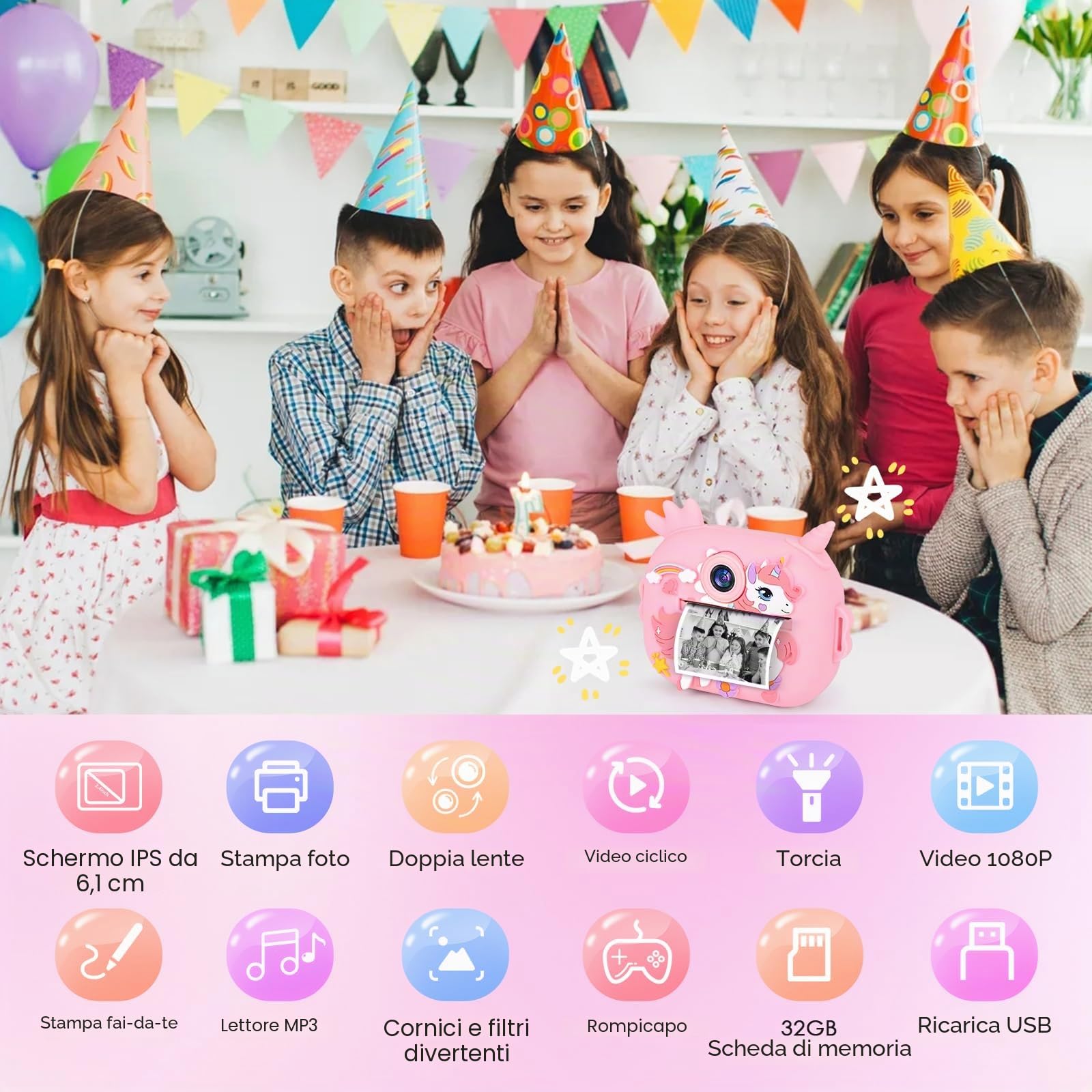 Macchina Fotografica Bambini Istantanea, Ambesty 2,4 Pollici 1080P Fotocamera Bambini Selfie, Fotocamera Digitale con 32GB Scheda e Carta Fotografica, Regali di Natale da 3-12 Anni (Rosa)