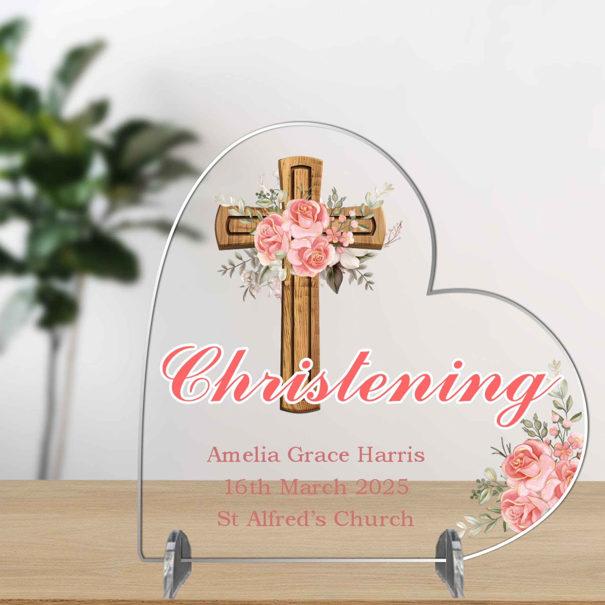 Elegant Baptism Keepsake - Personalised Christening, Communion or Confirmation Heart Plaque - Custom Religious Gift with Floral Cross (Christening, Acrylic - Medium - 13.5cm x 13cm)