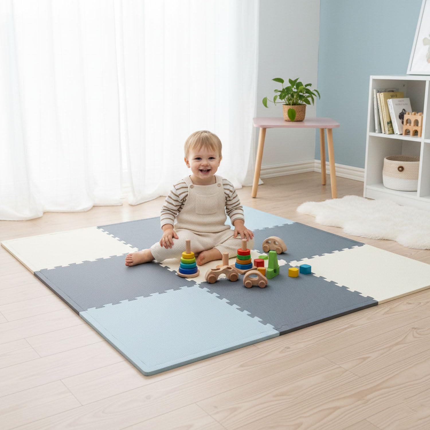 LittleTom Alfombra Puzzle Infantil Azul - 4 Piezas Encajables 50x50 cm - Colchoneta de Goma Espuma EVA 100x100 cm para Niños - Protector Suelo Acolchado sin BPA - Manta de Juegos Impermeable