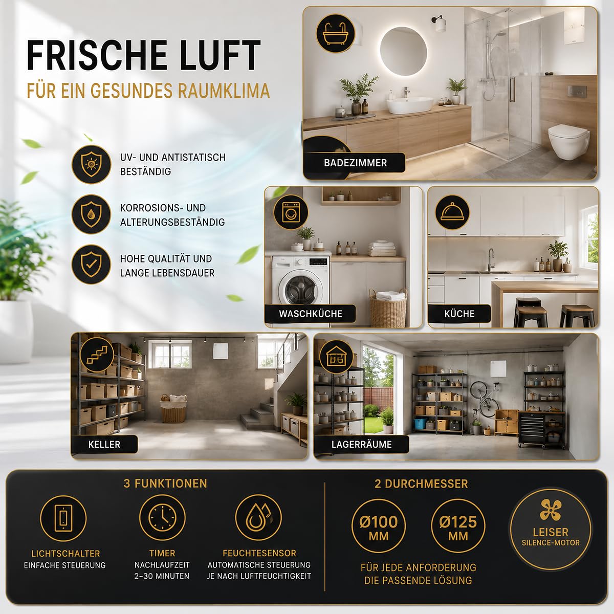 Whisper Pro-Design Badlüfter - Flüsterleise mit Nachlauf & Feuchtigkeitssensor - Ø 100 mm - Weiß - Energieeffizient