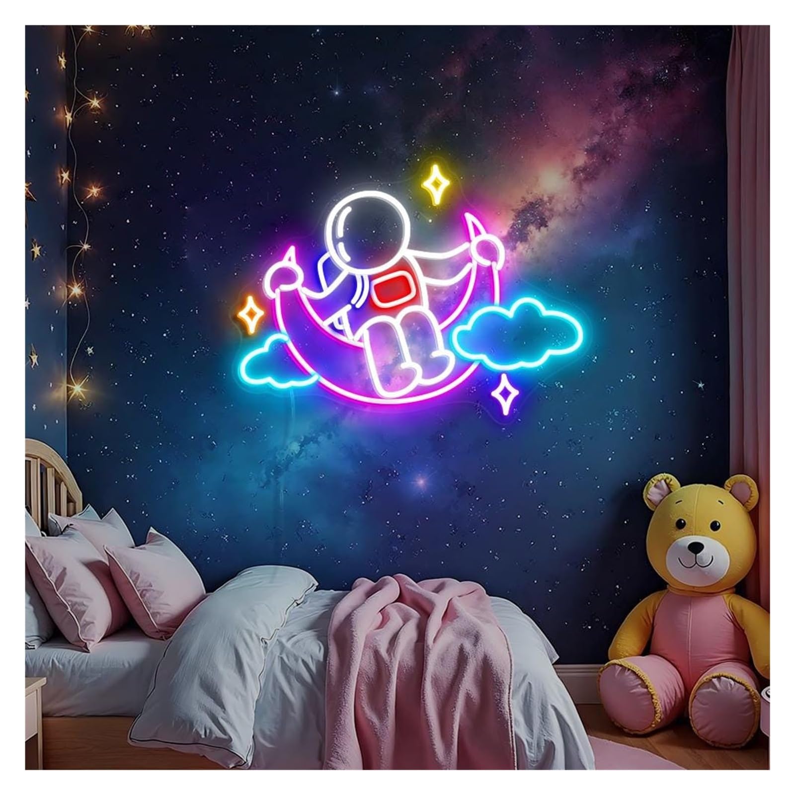 RONGCH Hanging Art Neon Signs Astronaut Moon Cloud Neon Lights Adjustable Brightness Suitable for Home Wall Decor 35cmx48cm(A)