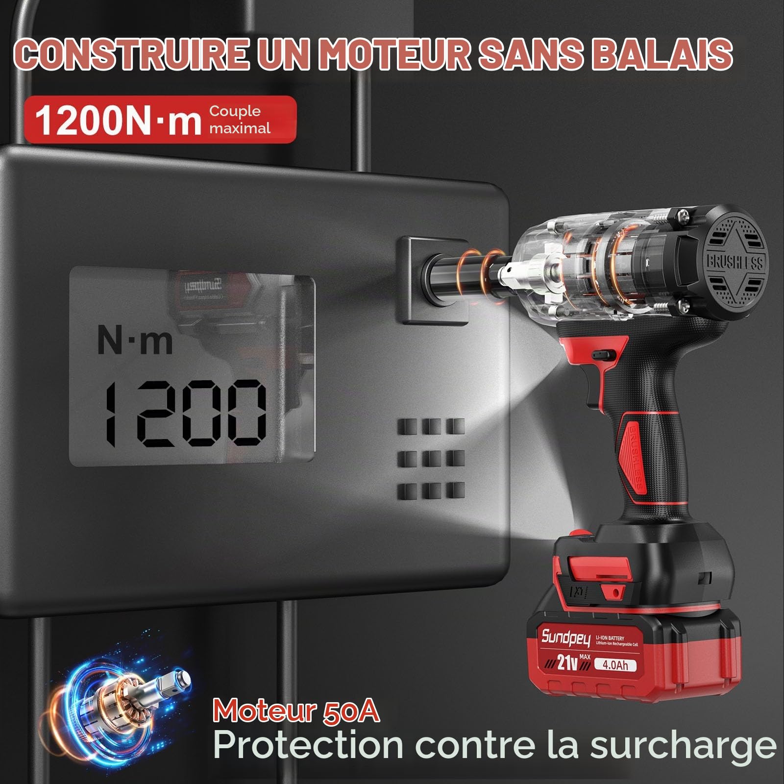 Sundpey Cle a Choc Sans Fil Brushless 1/2" 1200 Nm, Boulonneuse a Choc Brushless avec 6 Douilles à Choc, 2 Batteries 4.0Ah Longue Autonomie, Charge Rapide, 2 Lampes LED, pour Boulonner et Déboulonner