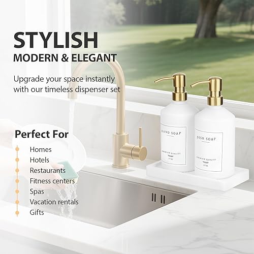 Miniatura 6 de Juego de dispensador de jabón dorado, dispensador de jabón de manos y platos de vidrio con bandeja, bomba de acero inoxidable, 14 calcomanías para
