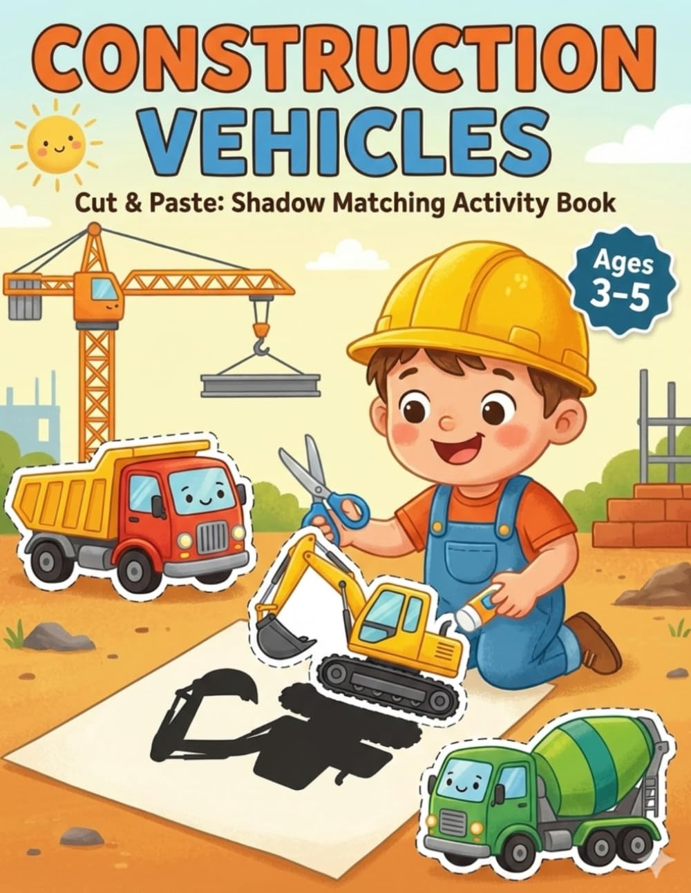 Scissor Skills Construction Vehicles: Cut and Paste Activity Book: Color, Cut, and Match the Shadows - 14 Fun Activities for Toddlers and Kids Ages 3-5