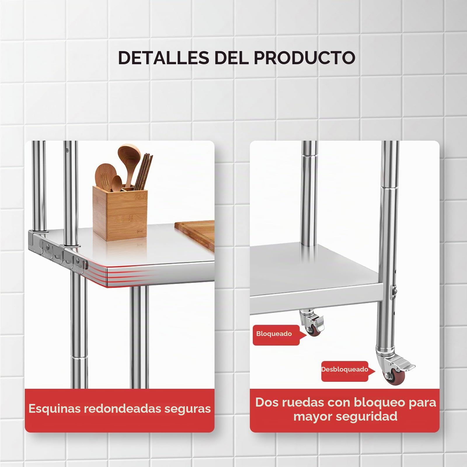 Mesa de Trabajo de Acero Inoxidable con 2 estantes Superiores, 91 x 61 x 138 cm, Mesa de Trabajo, Cocina, Capacidad de Carga, 662 kg, Patas de Acero Inoxidable para Cocina, Restaurante