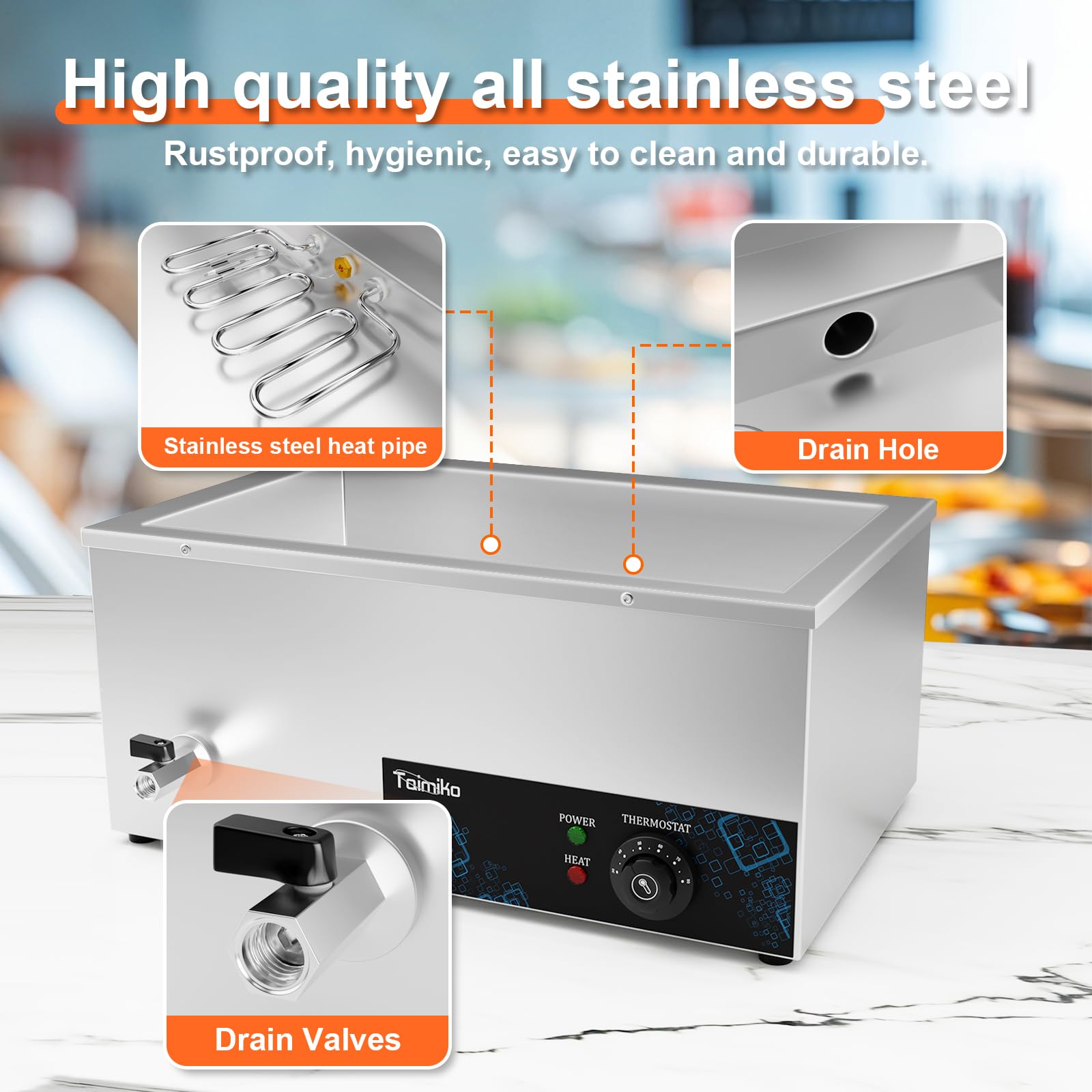 TAIMIKO 1500W Scaldavivande Commerciale a 4 Vaschette, Temperatura Regolabile da 0 a 85 °C, con pulsante anti-bruciatura a secco e reset, scalda buffet in acciaio inox con rubinetto di scarico