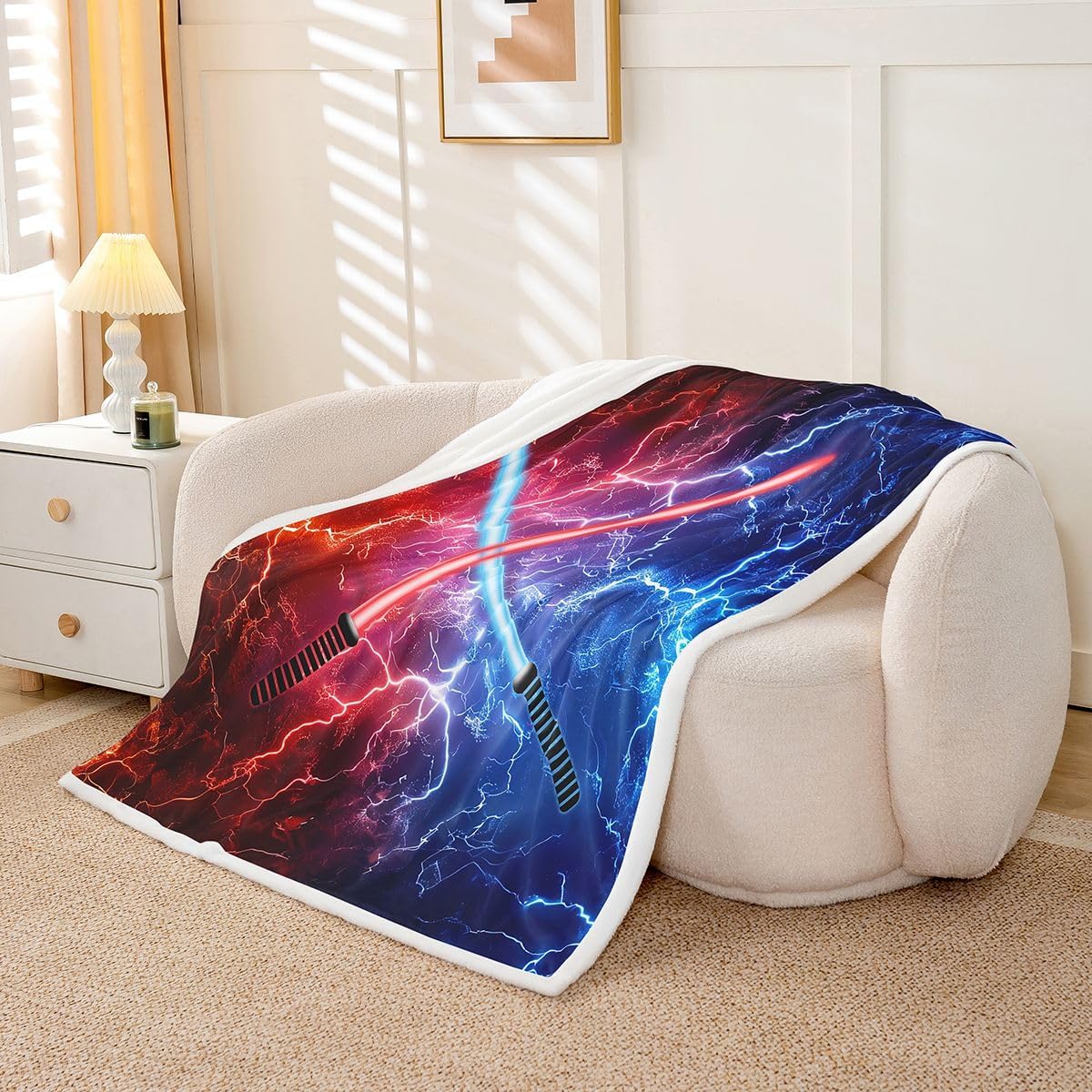 Castle Fairy Lightsaber Throw Blanket Neon Red Blue Fleece Blanket Cool Lightning Bed Blanket for Couch or Bed Video Games Theme Blanket Soft Warm Lightweight for Kids Adults Women Gift(40x50 Inches)