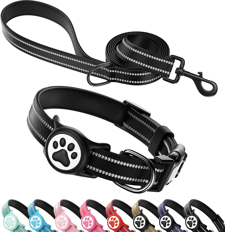 Coleira para Cães com Suporte para Apple AirTag e Guia, Nylon Acolchoado Refletivo com Fivela QR e Suporte IP68, WhoseID, Conjunto Preto XS