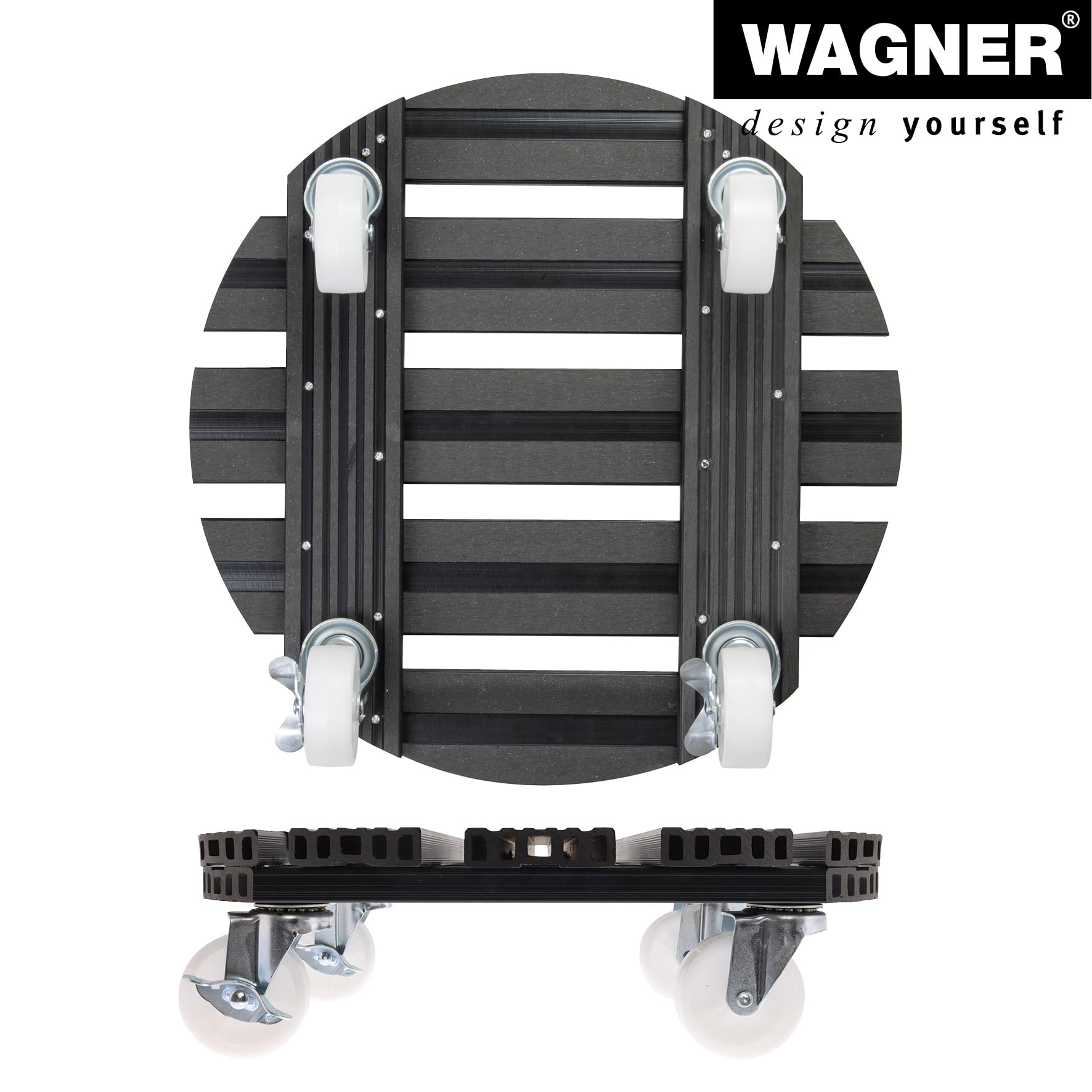 WAGNER Soporte con ruedas para plantas WPC Ø 38,5 x 11 cm I Carrito para flores para uso exterior + interior I Wood Plastic Composite FSC®, antracita I Capacidad de carga 150 kg - 20054501
