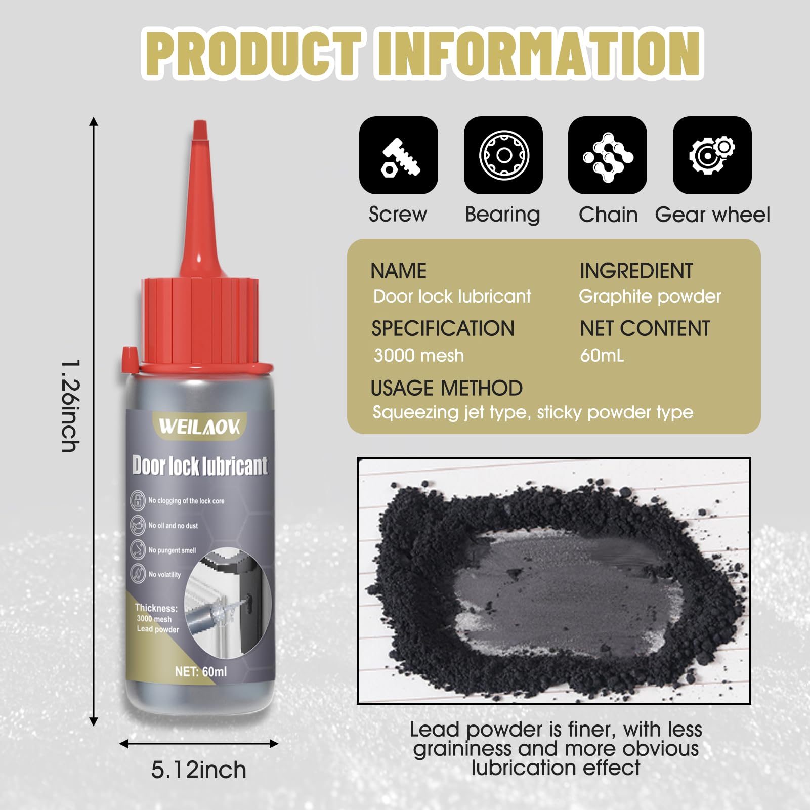 Grafito en Polvo, Grafito Cerraduras, Grasa Grafitada, Polvo de grafito para Lubricar Cerraduras de Puertas, Bisagras de Ventanas, Rieles de Puertas y Ventanas, etc, 60 ML*2