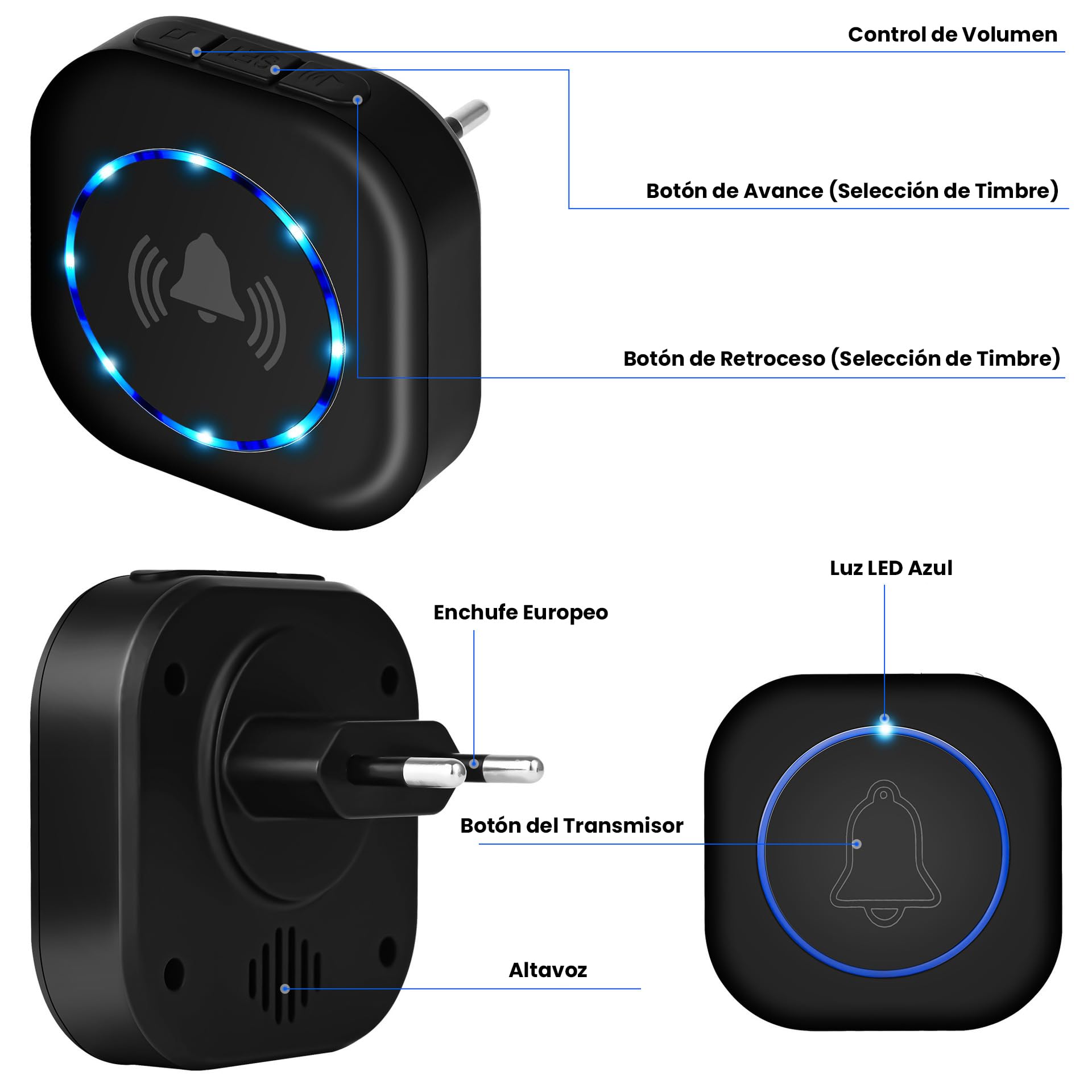 Timbre Inalámbrico Impermeable - Impermeable IP55, 300 Metros de Alcance, Enchufable, 38 Melodías y 4 Niveles de Volumen (0-110dB), para Puerta de Hogar, Hotel o como Timbre de Emergencia