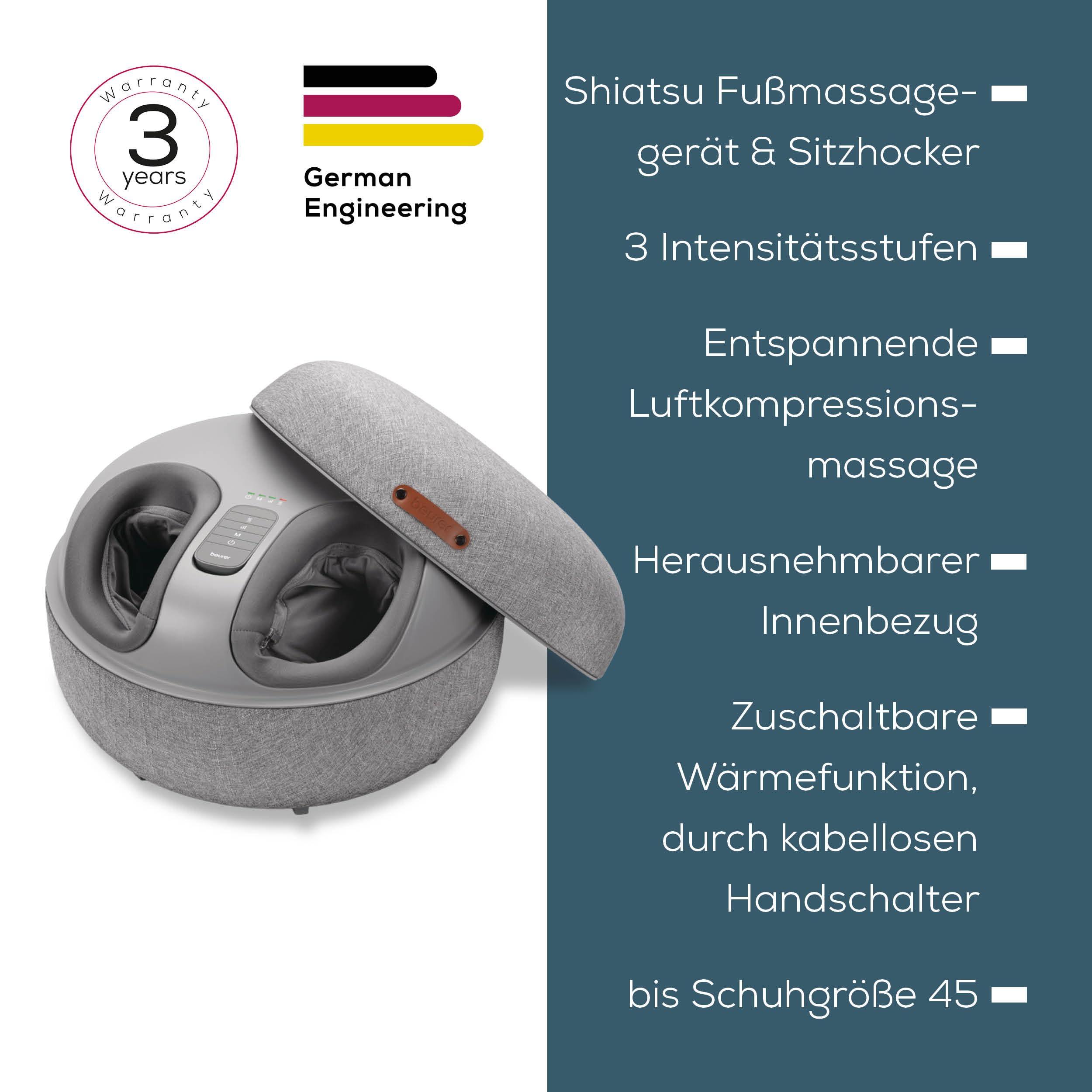 Beurer FM 120 2-in-1 Shiatsu-Fußmassagegerät und moderner Sitzhocker, wohltuende Luftkompressionsmassage zur Entspannung und Regeneration, mit zuschaltbarer Wärmefunktion, hochwertiges Textil