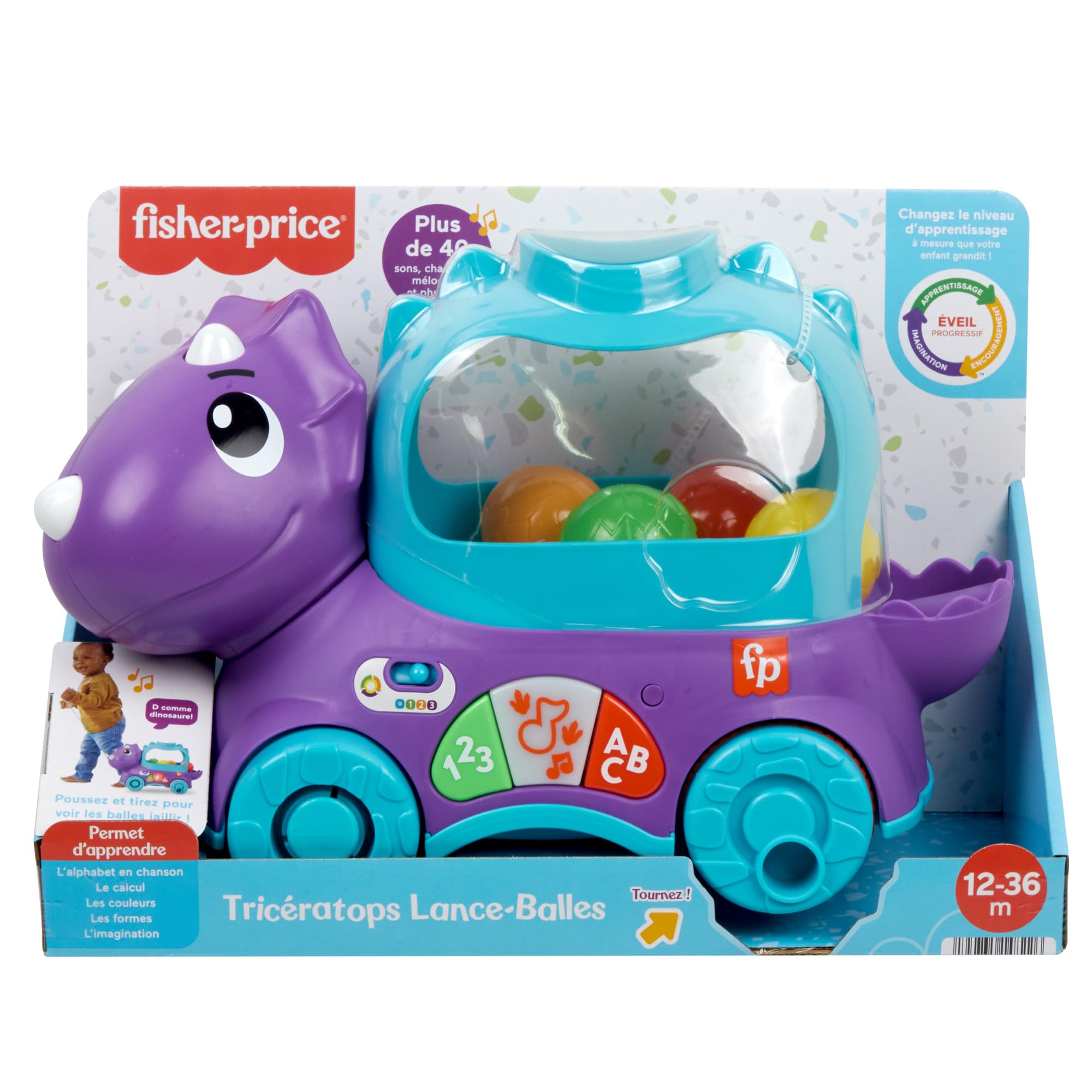 Fisher-Price Jouet D’Éveil Tricératops Lance-Balles Avec Effets Sonores Et Lumineux, 3 Niveaux D’Apprentissage Éveil Progressif, Version Française, Jouet Enfant, Dès 12 Mois, HNR56