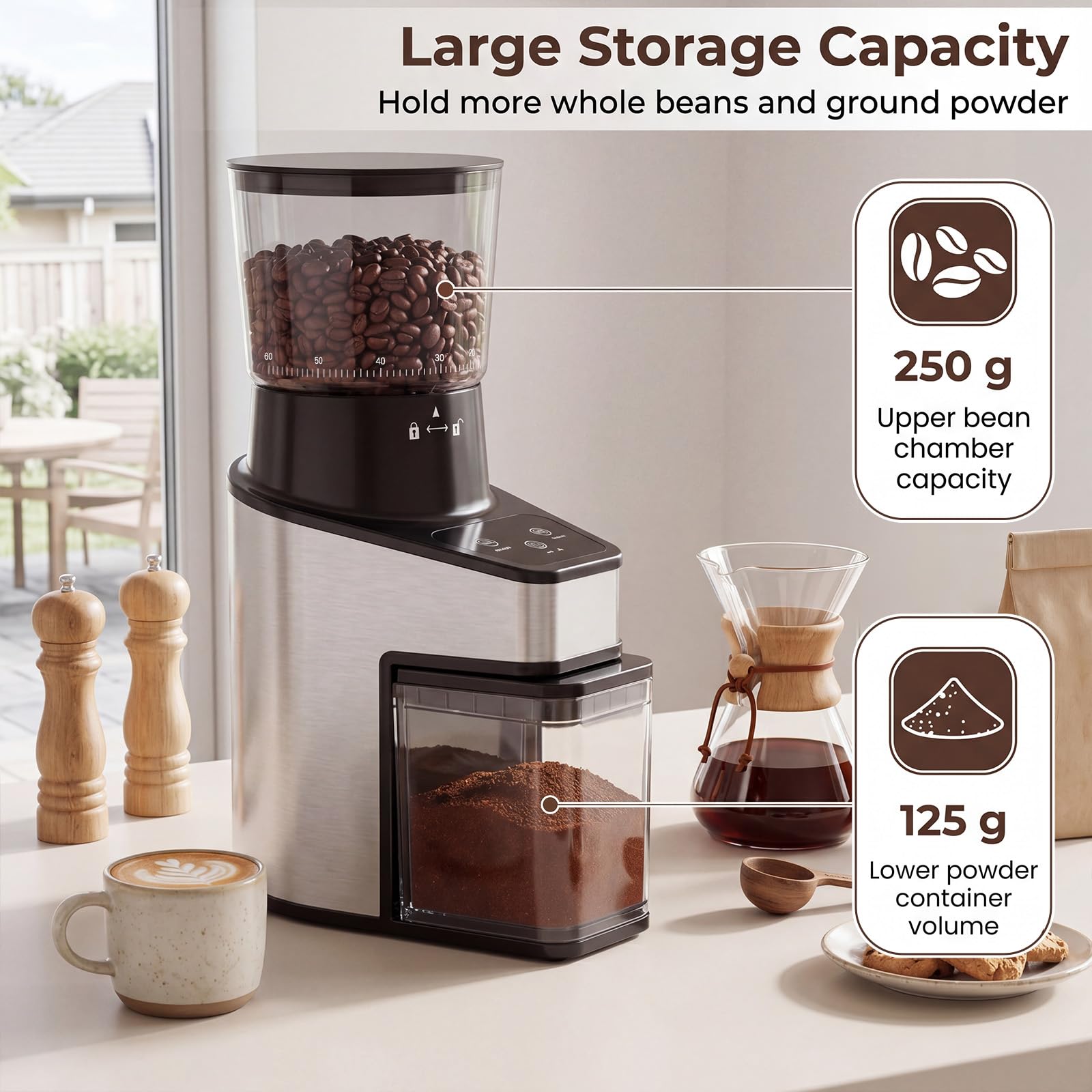 LIFEZEAL Molinillo de café eléctrico con cono, 60 niveles, 1-8 tazas, molinillo eléctrico de 150 W con tolva de 250 g, antiestático, silencioso, para expreso, goteo y prensa francesa, para casa y
