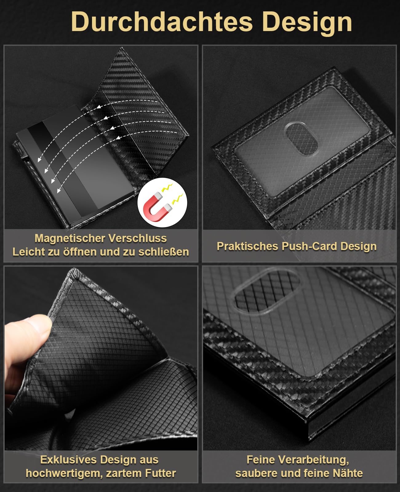 UNOSEKS Portmonee - Portafoglio da uomo con protezione RFID, mini portafoglio da uomo Bifold, slim wallet con scomparto per monete, porta carte di credito da uomo, Fibra di carbonio nera, Mit