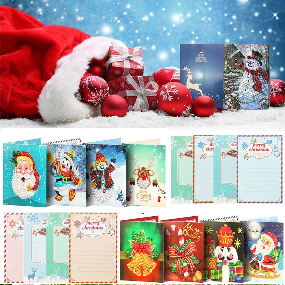 Zankie 8 Pezzi 5D Fai da Te Pittura Diamante 5D Biglietti di Auguri di Natale per Adulti Serie di Natale Trapano Rotondo Arte Artigianato Dipingi per Numero Kit Regalo Amici