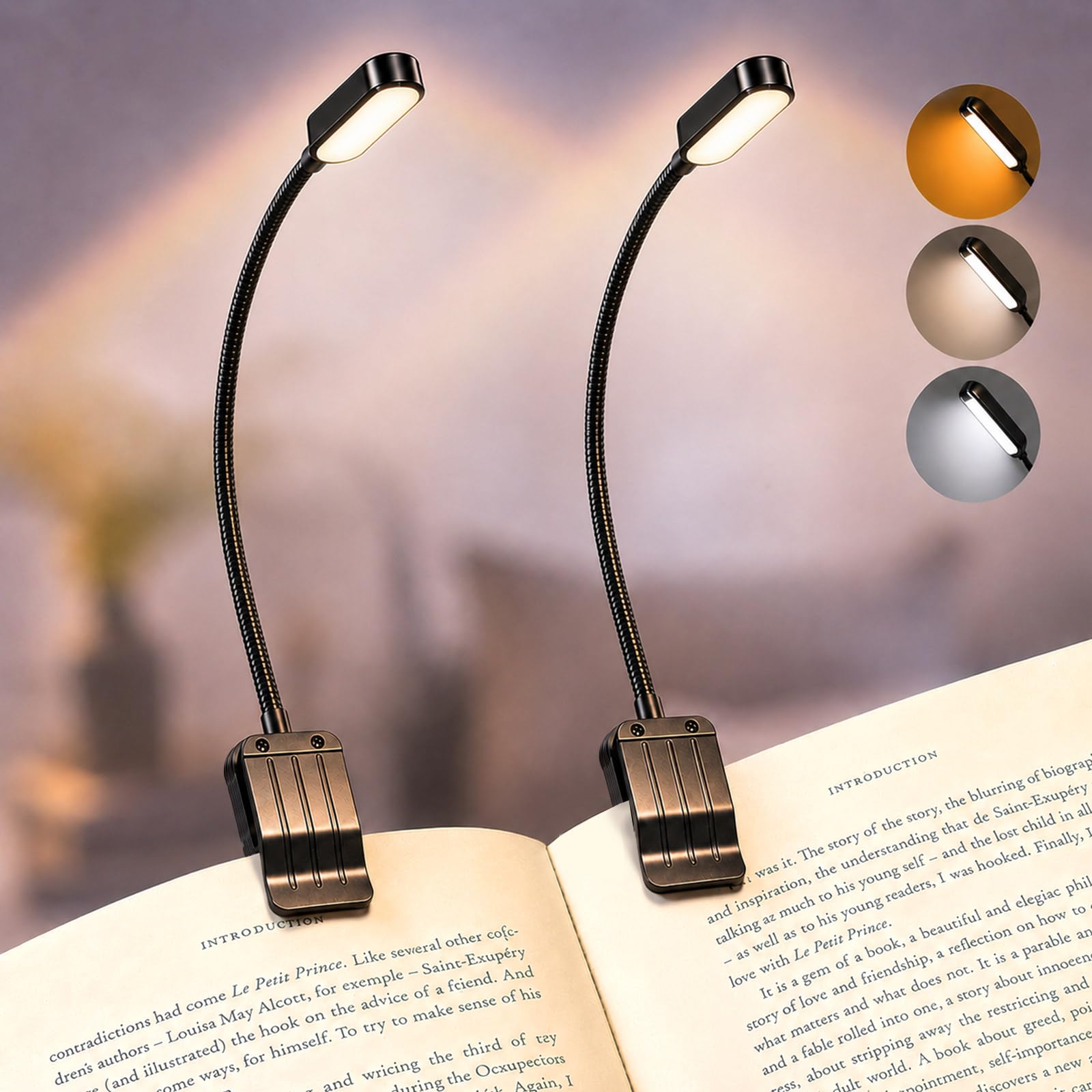 Photo 1 of *** 1 PACK *** Book Light 2 Pack, Rechargeable Reading Lights for Books in Bed-Eye Caring 3 Colors, Stepless Dimming, 360° Flexible Studying Small Desk Lamp, Lightweight Clip-on LED Night Light for Book Lovers, Kids