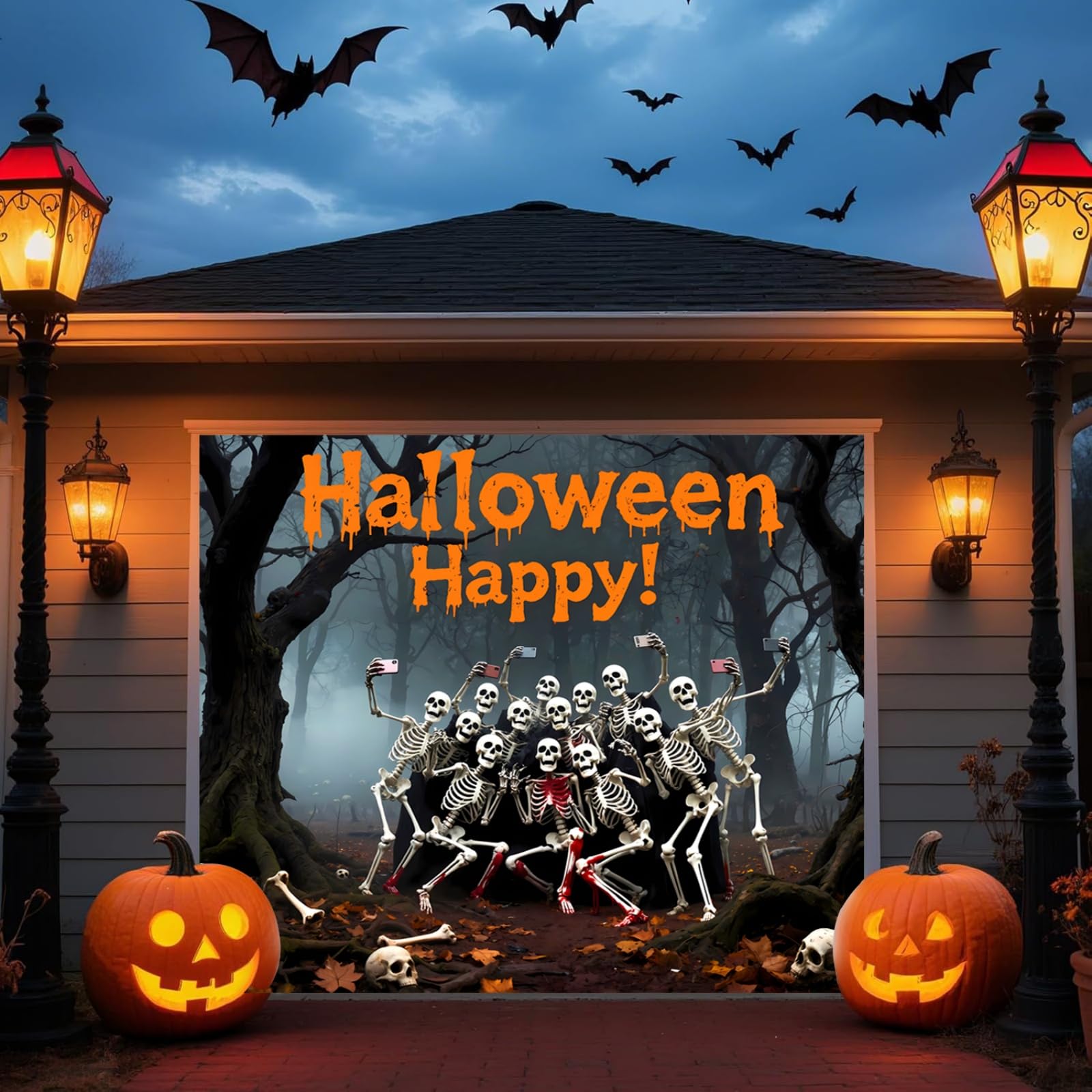 Grande bannière de porte de garage d'Halloween à suspendre - Couverture de porte de garage - Décorations murales d'extérieur pour la maison, la cour - Fond photo de fête - E, 4,8
