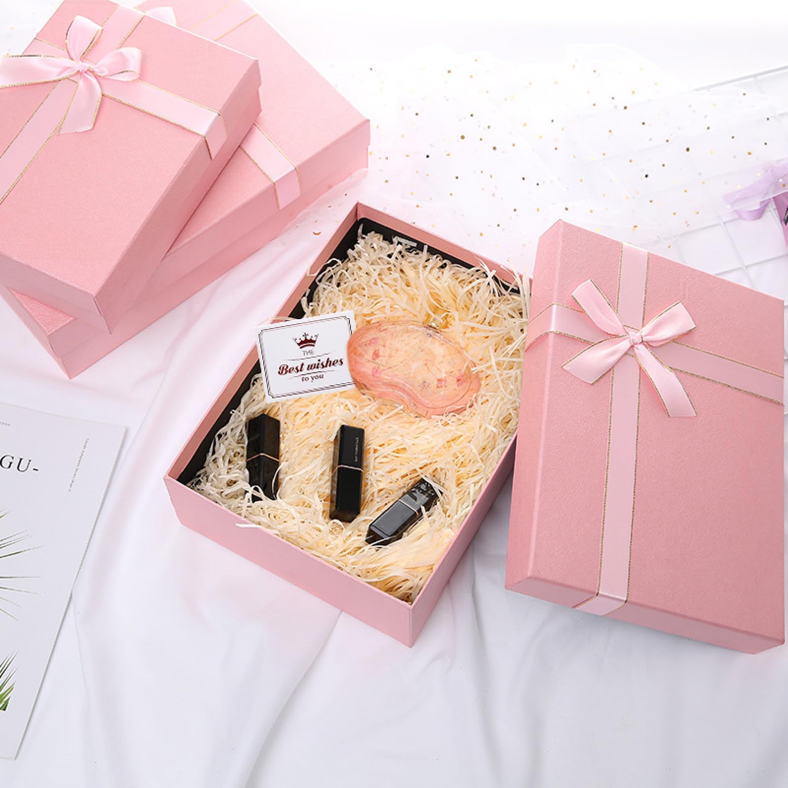 LFBEST Rosa Karierte Geschenkbox 25x18x8,5 Cm – Mit Grußkarte, Bast Und Schleife, Faltbar