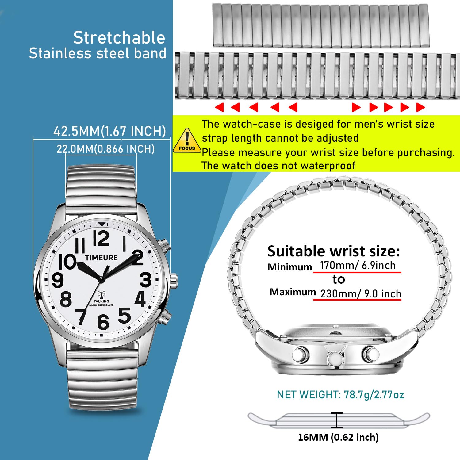 Timure-2211 - Reloj parlante con números jumbo autoajustables para atar, personas mayores, discapacitados visuales o ancianos, Timure-2211