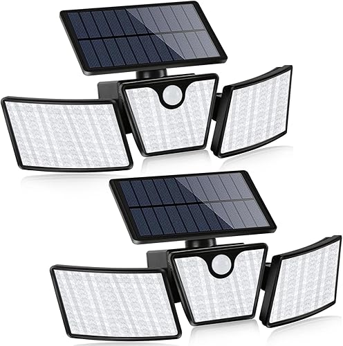 Luz solar para exteriores, rotación de 360, luz LED con sensor de movimiento, 3500lm súper brillante, impermeable IP65 (paquete de 2)