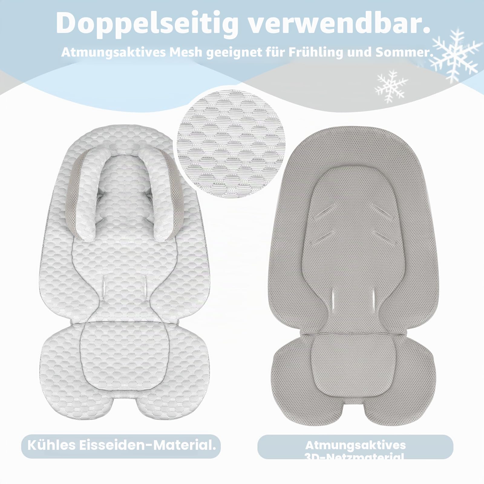 KAKIBLIN Baby-Kindersitz-Einsatz, Kühlkissen, Baby-Kopfstütze mit Kopfkissen, atmungsaktives Stoff-Kühlkissen, passend für Kinderwagen, Autositz, Hochstuhl, Stubenwagen, Schaukel (grau)