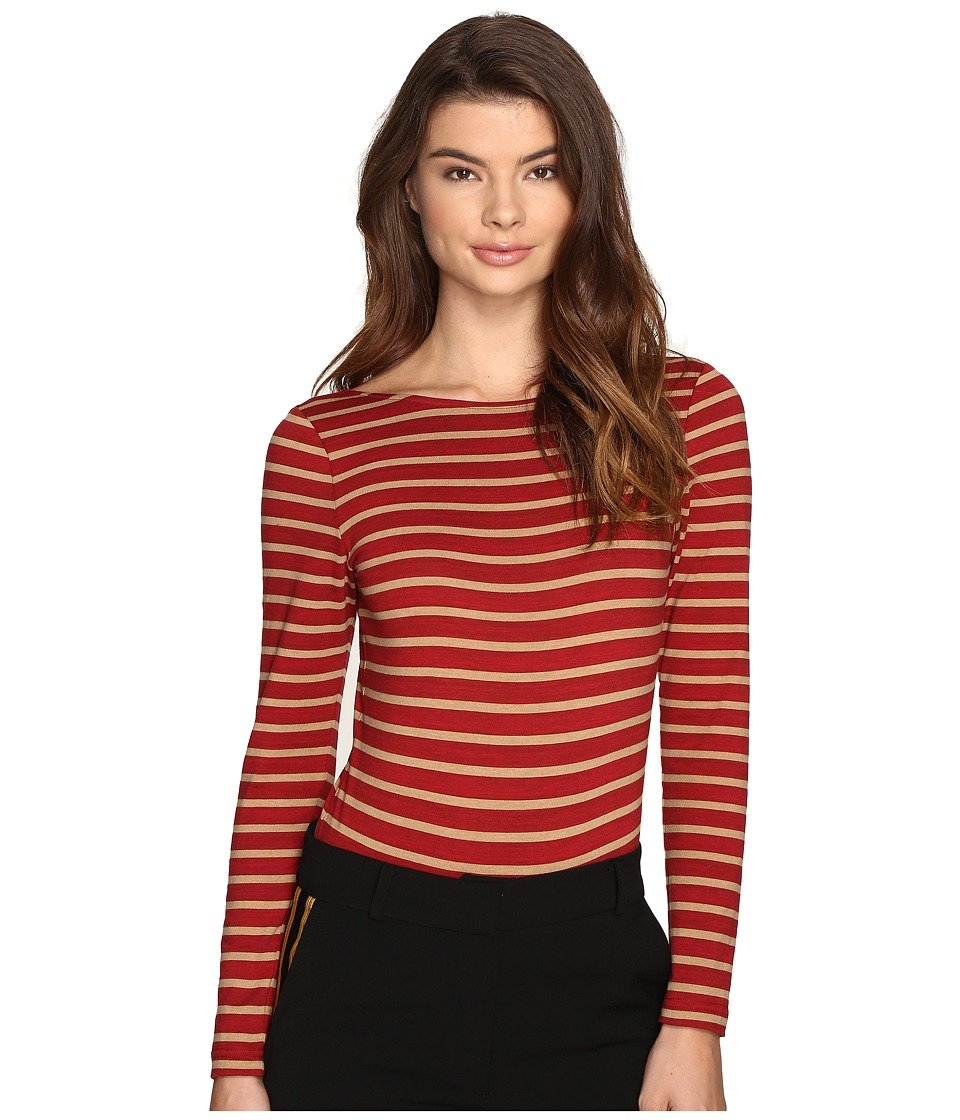 Women's Red Striped Long Sleeve Scoop Bodysuit, Red, Large