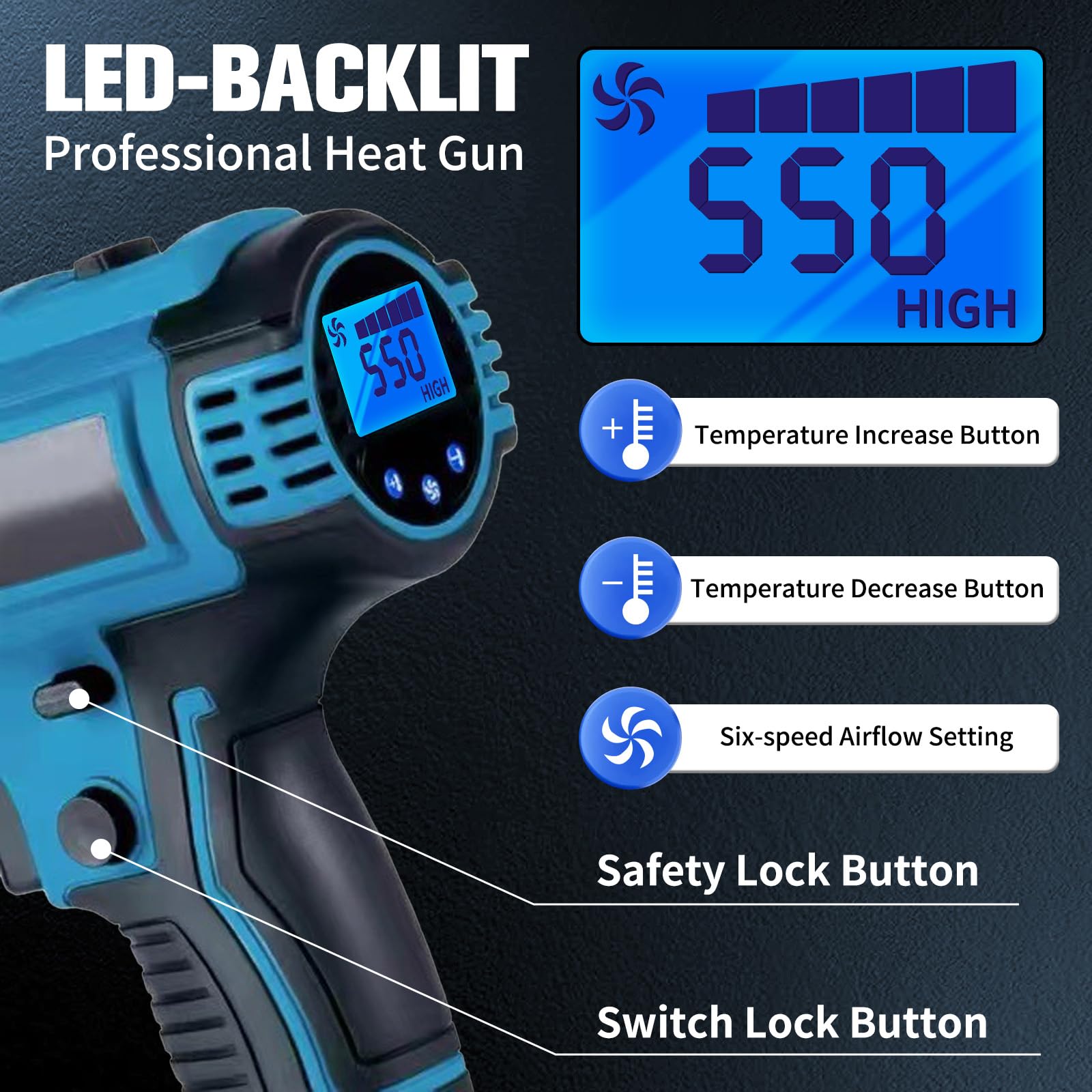 Heißluftpistole Kompatibel mit Makita 18V — Kabellose Heißluftgebläse mit LCD-Display, Elektrische Heißluftfön mit 5 Düsen und Einstellbarer Temperatur 50°C-550°C, für Basteln,Schrumpfen(Ohne Akku)