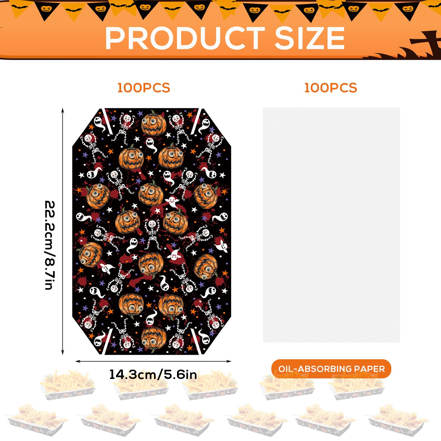 100PCS Halloween Lebensmittel Tablett aus Papier und 100PCS Deli Paper Halloween Tablett Nacho Tablett zum Servieren von Speisen Snacks Hot Dogs Süßigkeiten Brathähnchen (Halbfertigprodukt)