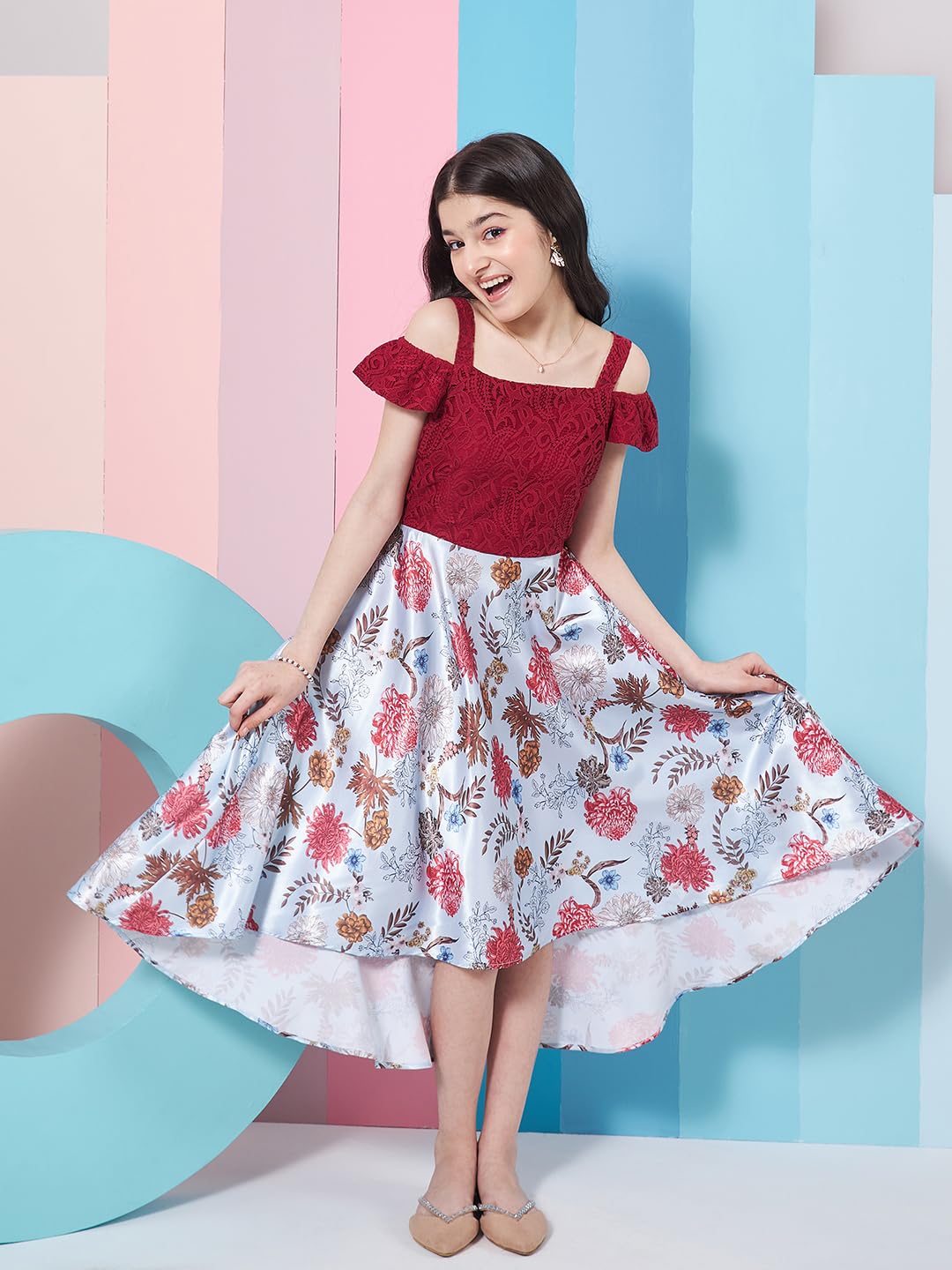 Pspeaches Mädchenkleid mit Blumenmuster, schulterfrei, Satin, ausgestellt, violett, mühelos stilvoll und elegant