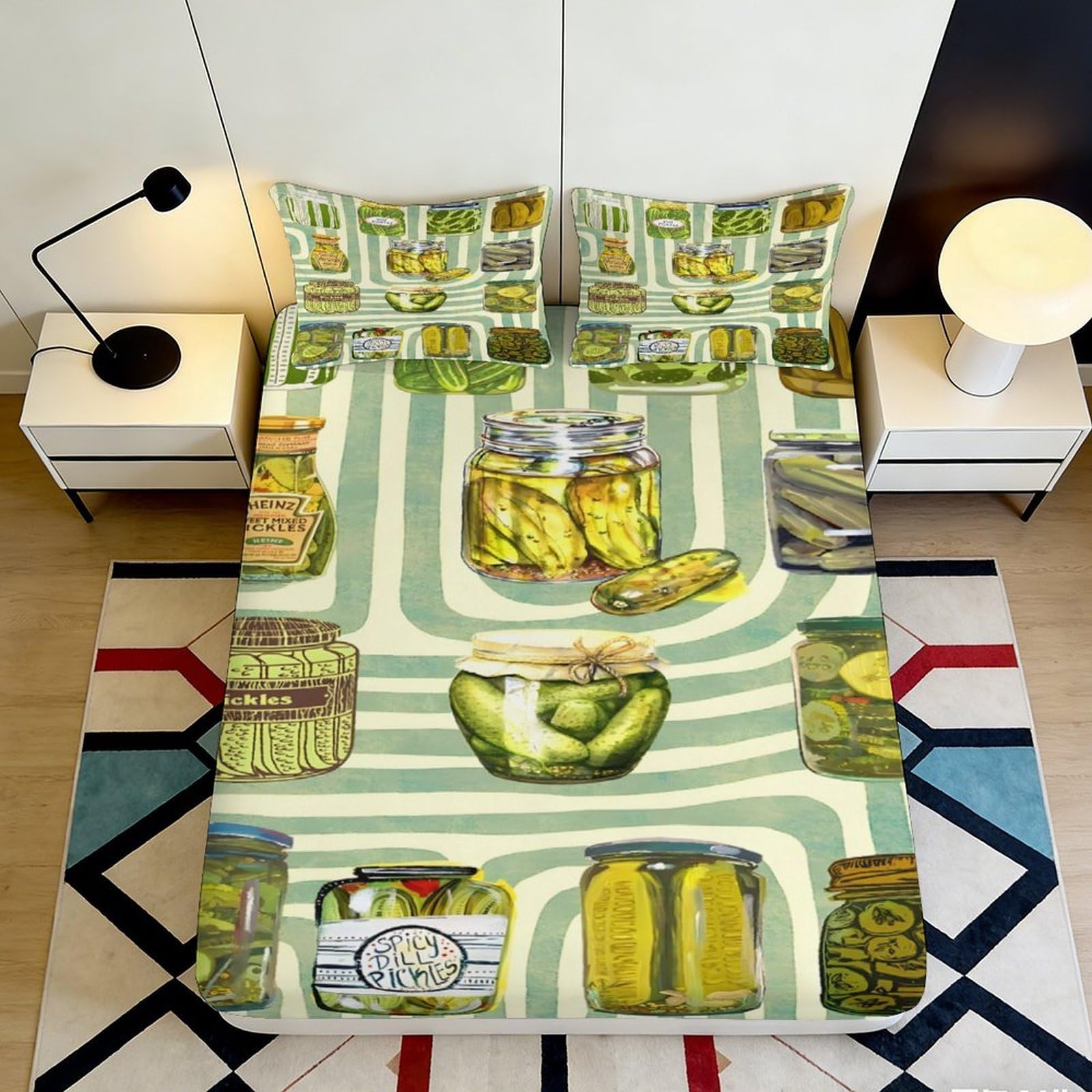 3D Printed Pickle Jar Fitted Sheet Microfiber Soft Green Cucumber Pattern Mattress Cover for Bedroom Dorm Decor 90x200x25cm