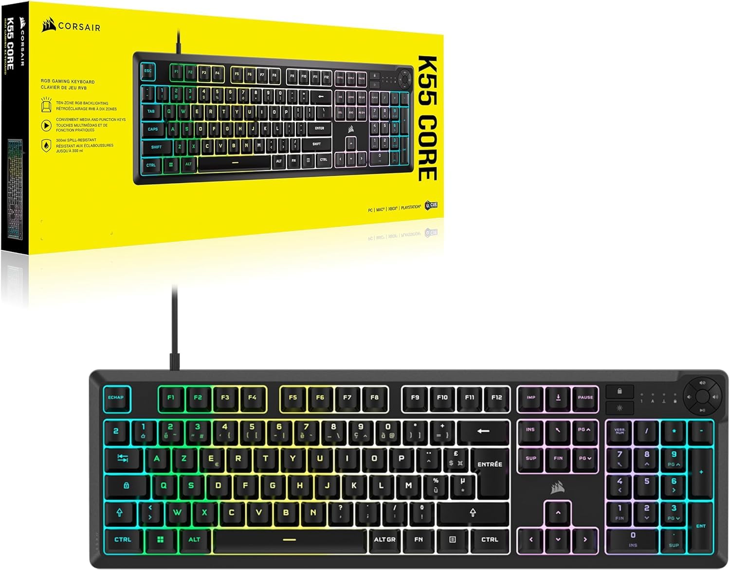 Corsair K55 Core RGB Przewodowa klawiatura do gier z membraną - responsywne przełączniki - odporność na zachlapanie - Ten-Zone RGB - klawisze multimedialne - kompatybilne z iCUE - AZERTY FR - PC, Mac