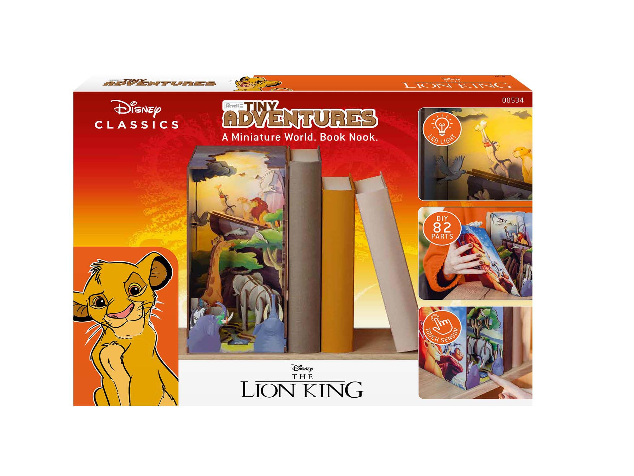 Revell Tiny Adventures podpórka do książek, Król Lew, drewniane puzzle 3D z diodami LED I Simba jako miniaturowa książka Nook do regału na książki I kreatywny prezent dla dzieci, fanów filmów i