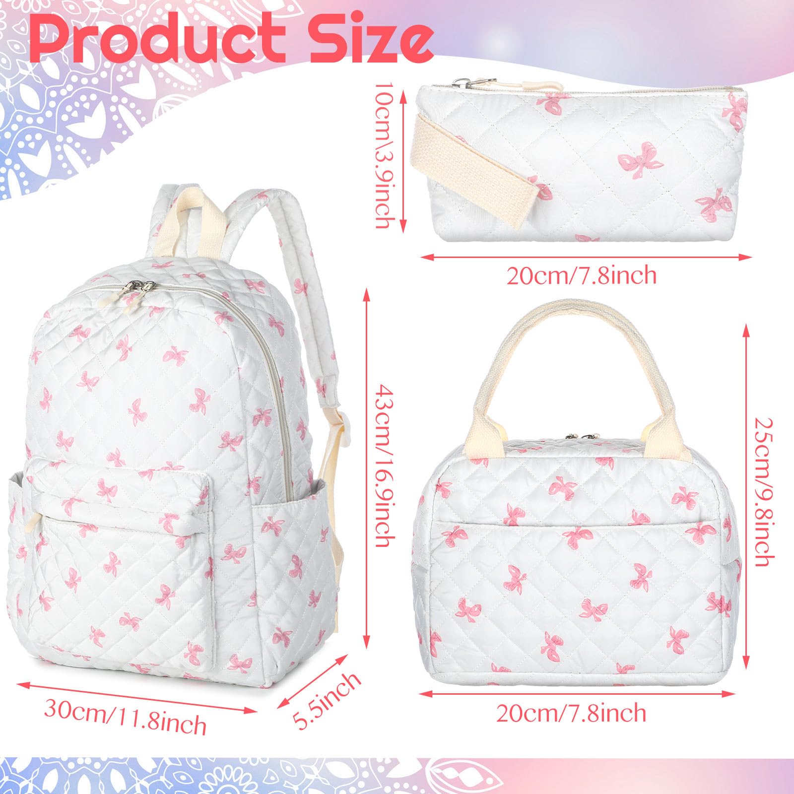 Shyyween 3 Pcs Backpack Bags Set with Cotton Quilted School Lunch Box Pencil Bag Daypack Bookbags for Girl Women Travel(Pink Bow)