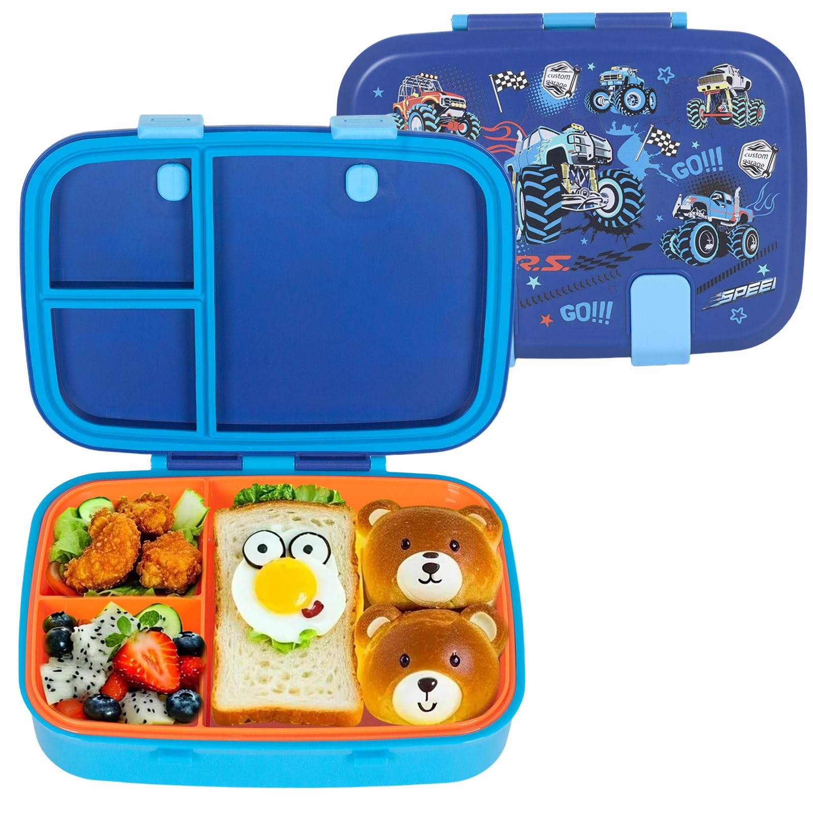 PinkSheep Bento Lunch Boxes for Kids, 800ml BPA-Free Leak-Proof Children Food Containers with 3 Compartments (Racing)