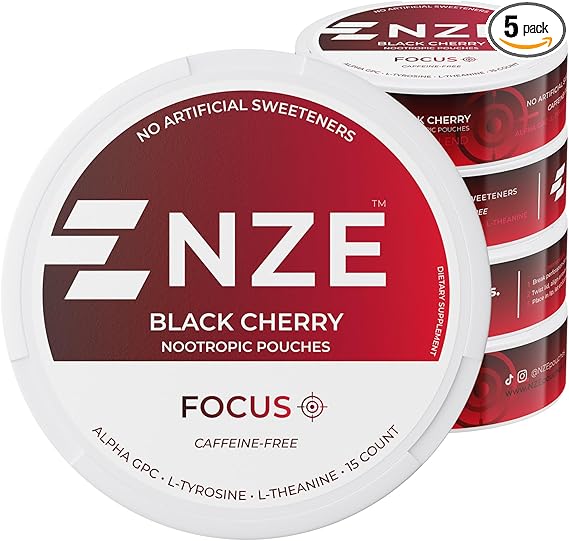 NZE Caffeine Free Nootropic Pouches (Black Cherry) - Nootropic Pouches with Alpha GPC, L-Tyrosine &amp; L-Theanine - No Sugar or Artificial Sweeteners - 15 Pouches Per Can - 5 Pack