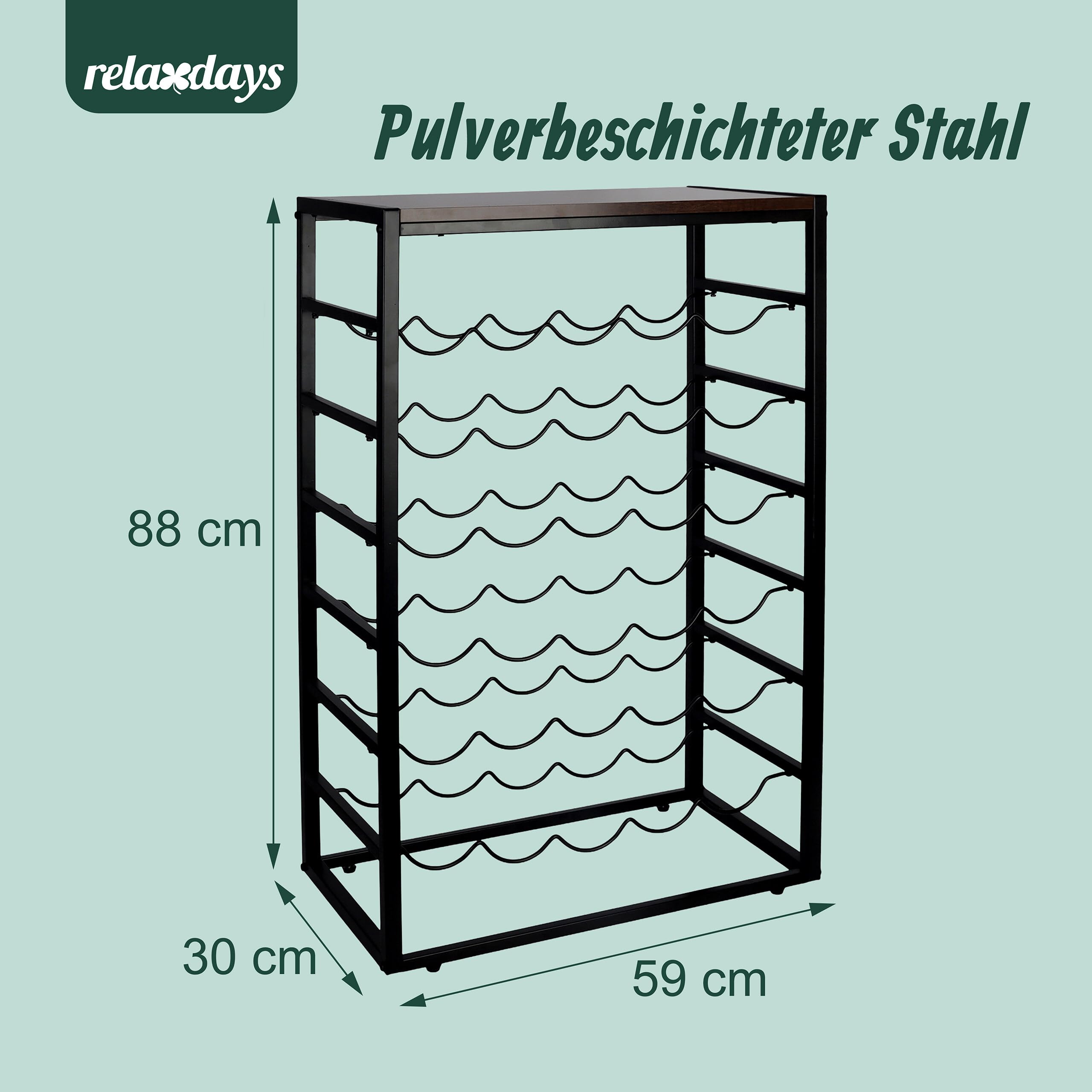 Relaxdays Weinregal, 30 Flaschen, Industrial, HBT: 88 x 59 x 30 cm, Weinhalter stehend, Weinflaschenregal, schwarz/braun