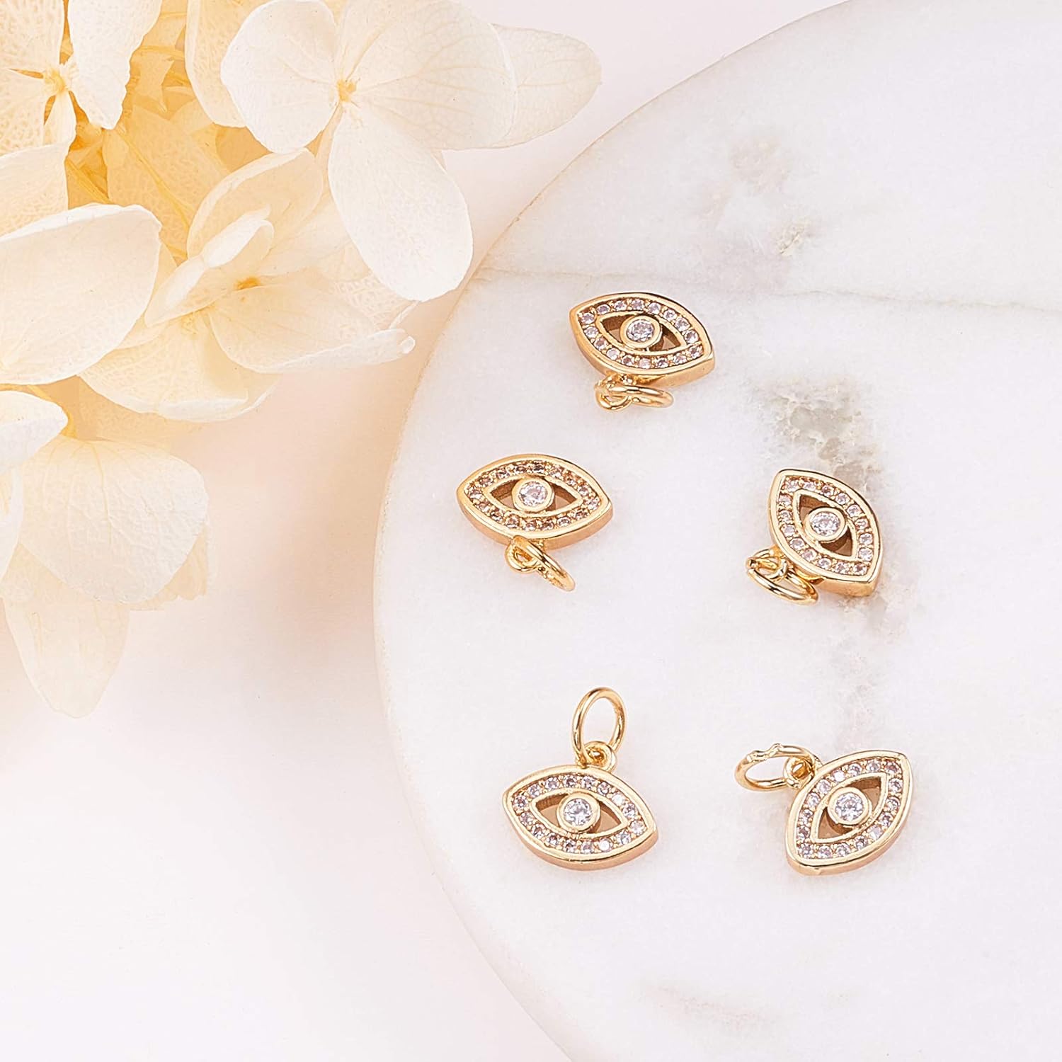 LiQunSweet 10 Pcs Brass Golden Plated Micro Pave Cubic Zirconia CZ Stone Eye Tiny Charms in Bulk for Jewellery Making DIY Findings - 9x11mm - Image 5