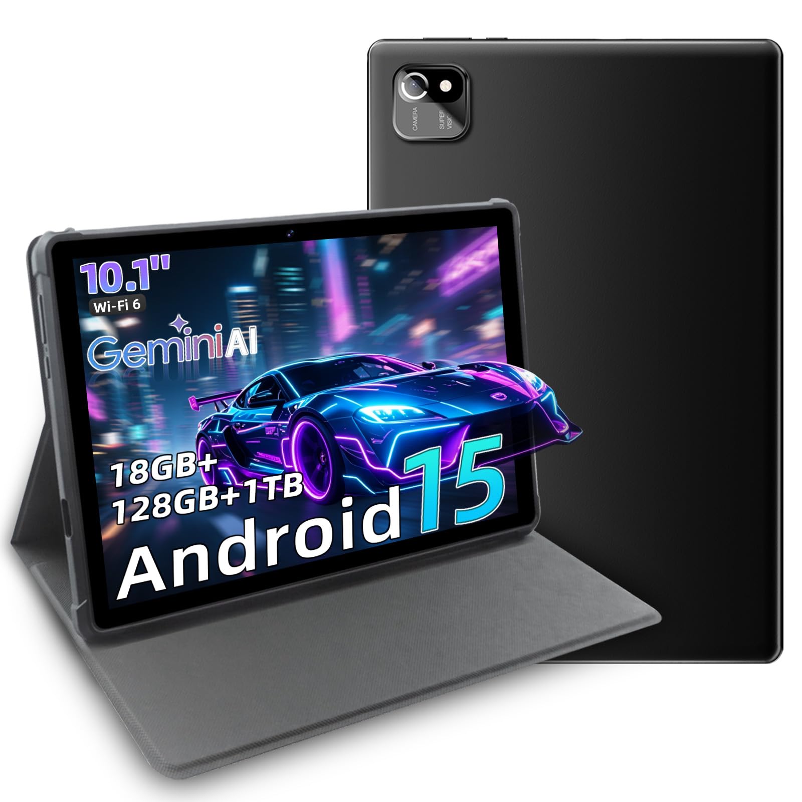 Tablet 10 Pulgadas, Android 15 Tablet con Funda, 18GB RAM +128GB ROM, Octa-Core T30, 1TB TF Expandable, Pantalla IPS HD 1280x800, 6000mAh, 5MP+8MP, WiFi 6, Gemini AI, GPS, GMS, Face ID, BT 5.0