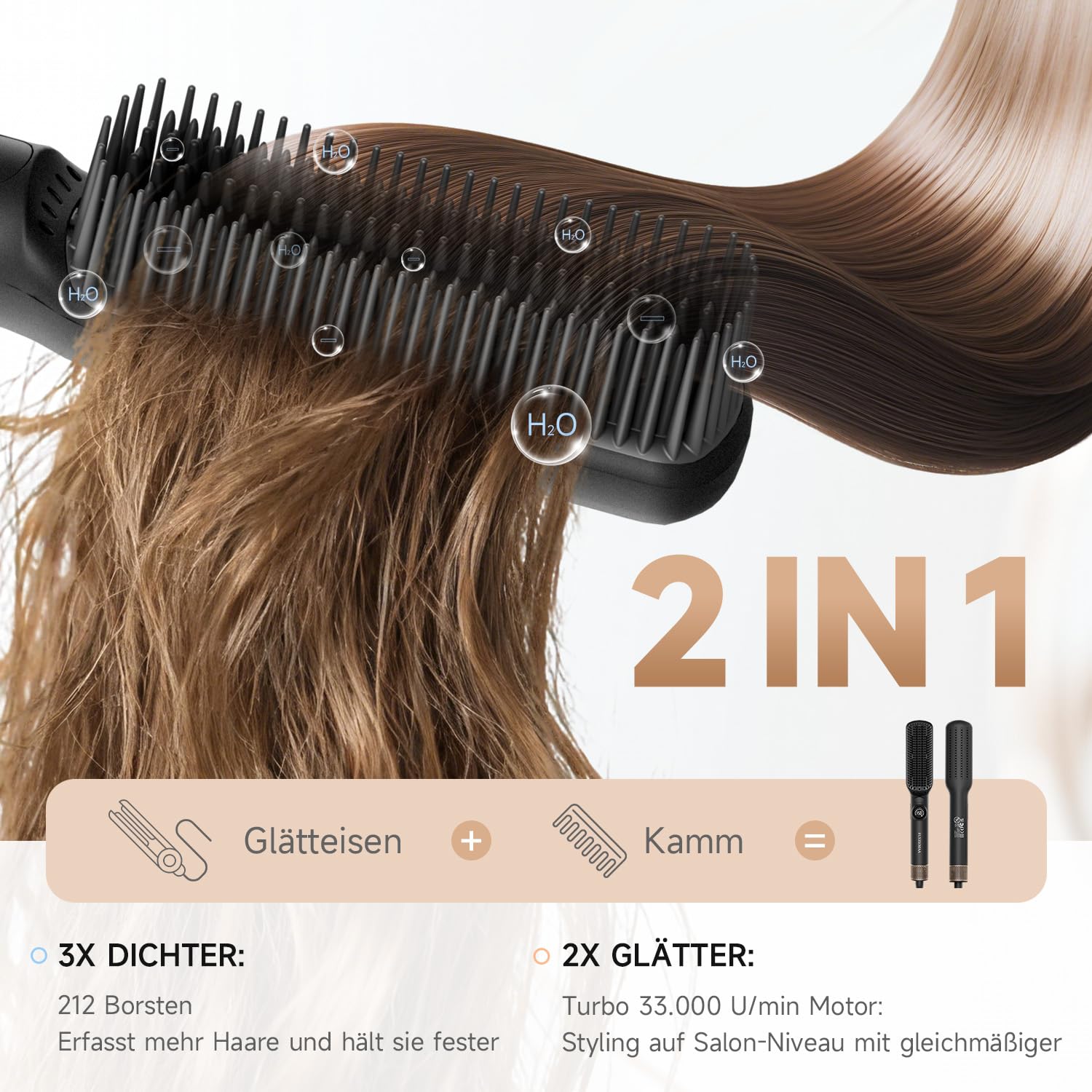 2-in-1-Glättbürste, FLYZEMAA 30s Schneller Keramikerwärmung Schichtete, Verbrühungsschutz Glättungsbürste für Alle Haartypen der Haarglätter bürste, 7 Temperatureinstellungen, LCD-Display, Schwarz