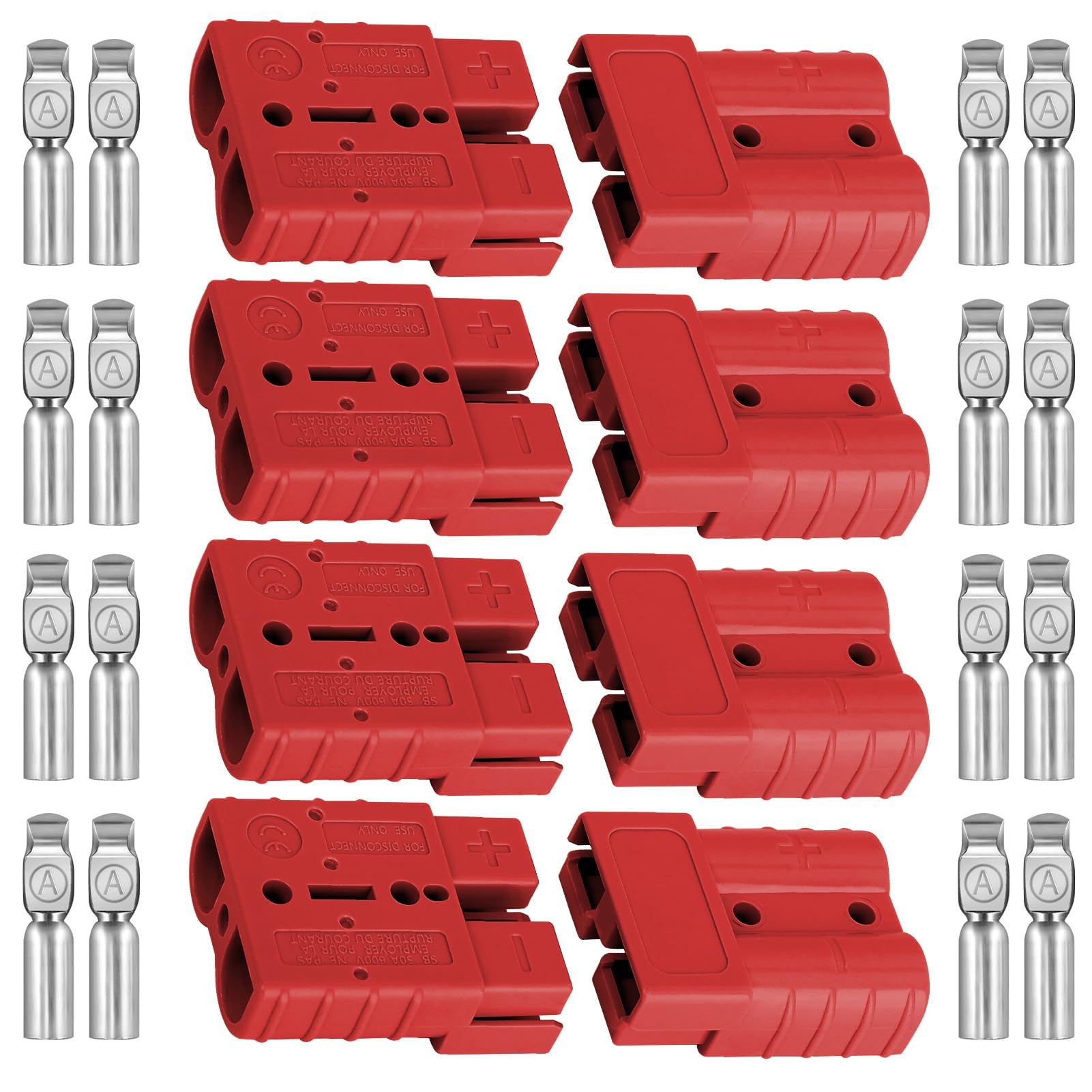 8Pcs 50A 24V/600V Battery Quick Connector for Anderson Powerpole, 50 Amp Quick Disconnect Connection Modular Plug 6 AWG Copper Terminal for AC/DC Vehicle Forklifts Trailer Electric Power Tool (Red)