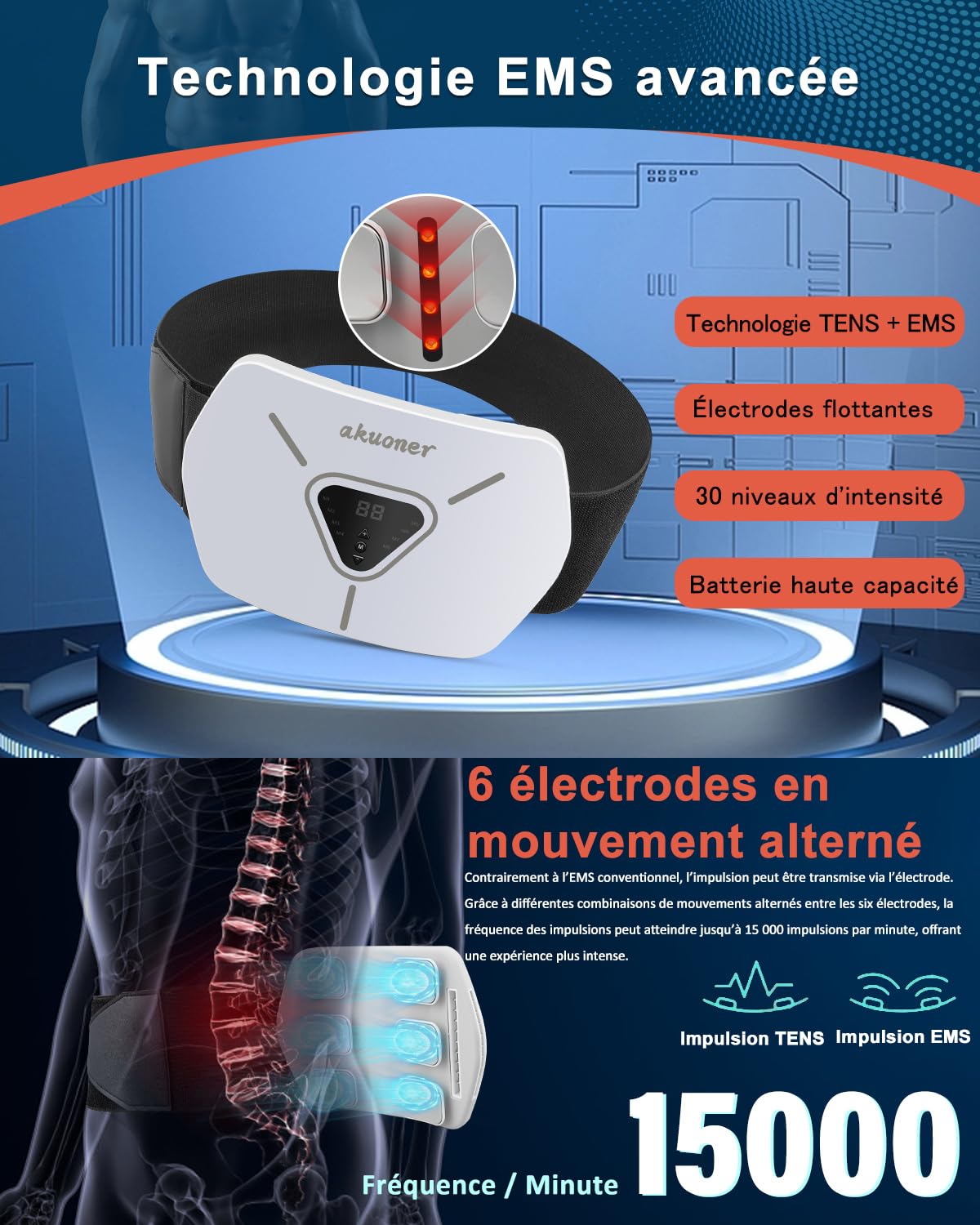 Ceinture Abdominale Electrostimulation - Electrostimulateur Musculaire Intégré, 8 Modes et 30 Niveaux, Confortable et Ajustable pour Abdos, Dos - Stimulateur Musculaire Electrique