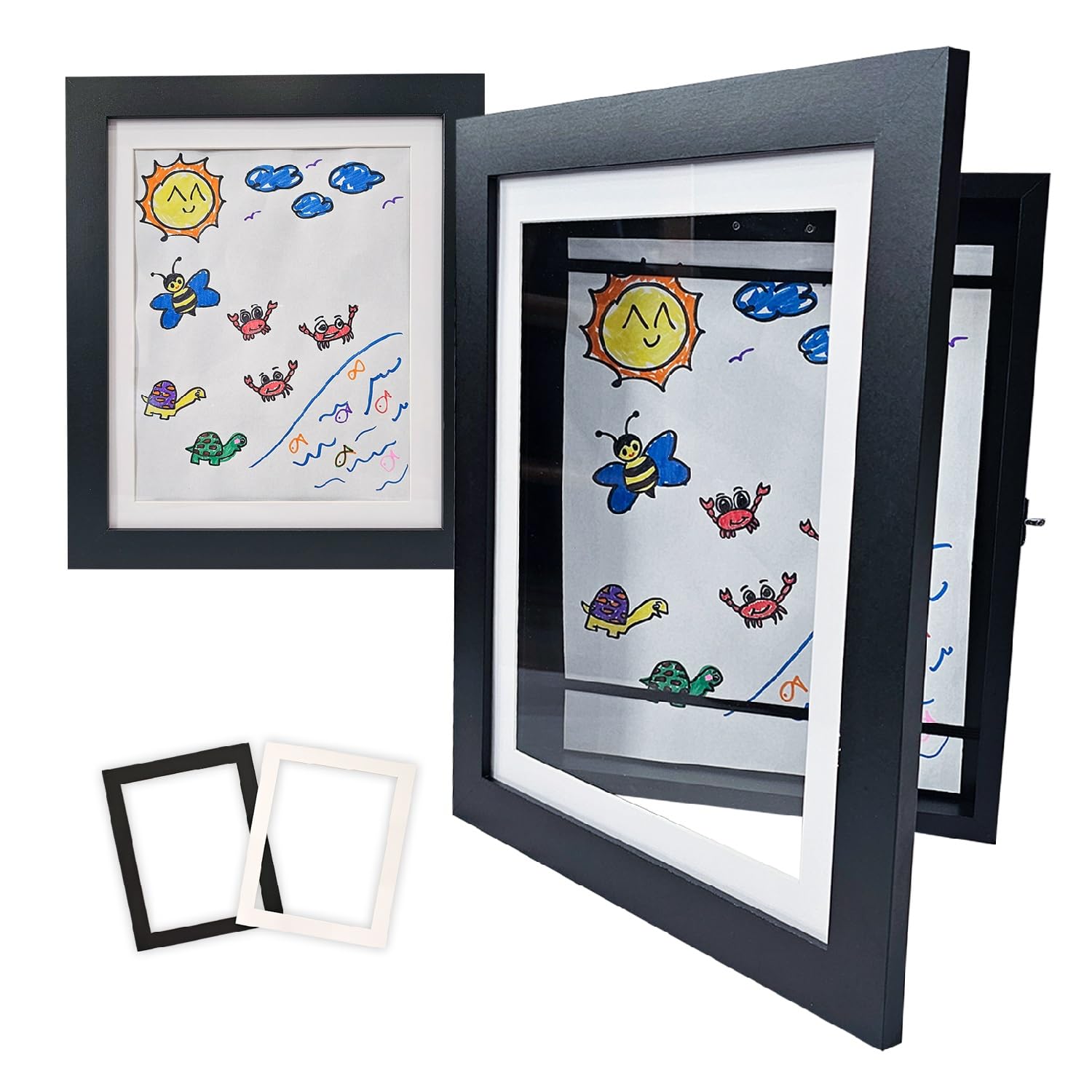 SIMPLIFUL – Premium Wooden Kids Artwork Frame & Shadow Box Frame with Tempered Glass - Horizontal & Vertical Formats - Display 8” x 10.5” with Mat (Black)