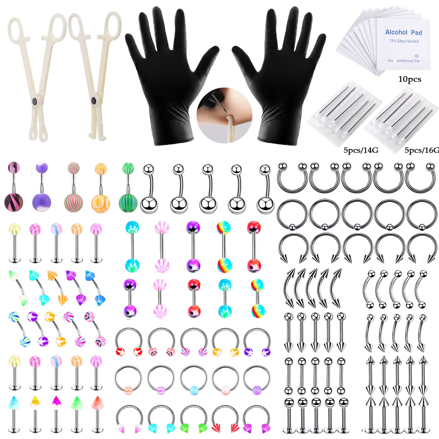 Lishae Piercing Kits for All Piercings,Stainless Steel Piercing Kit 14G 16G Piecing Needles for Ear Cartilage Tragus Nose Septum Lip Nipple Piercing Tools (60silver&55acrylic)